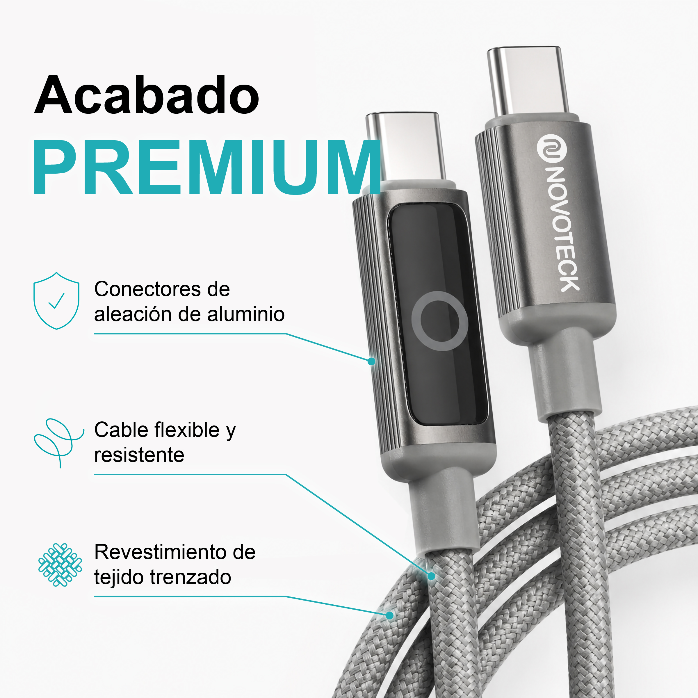 Dos cables USB-C grises con revestimiento de tejido trenzado y conectores de aleación de aluminio sobre fondo blanco.