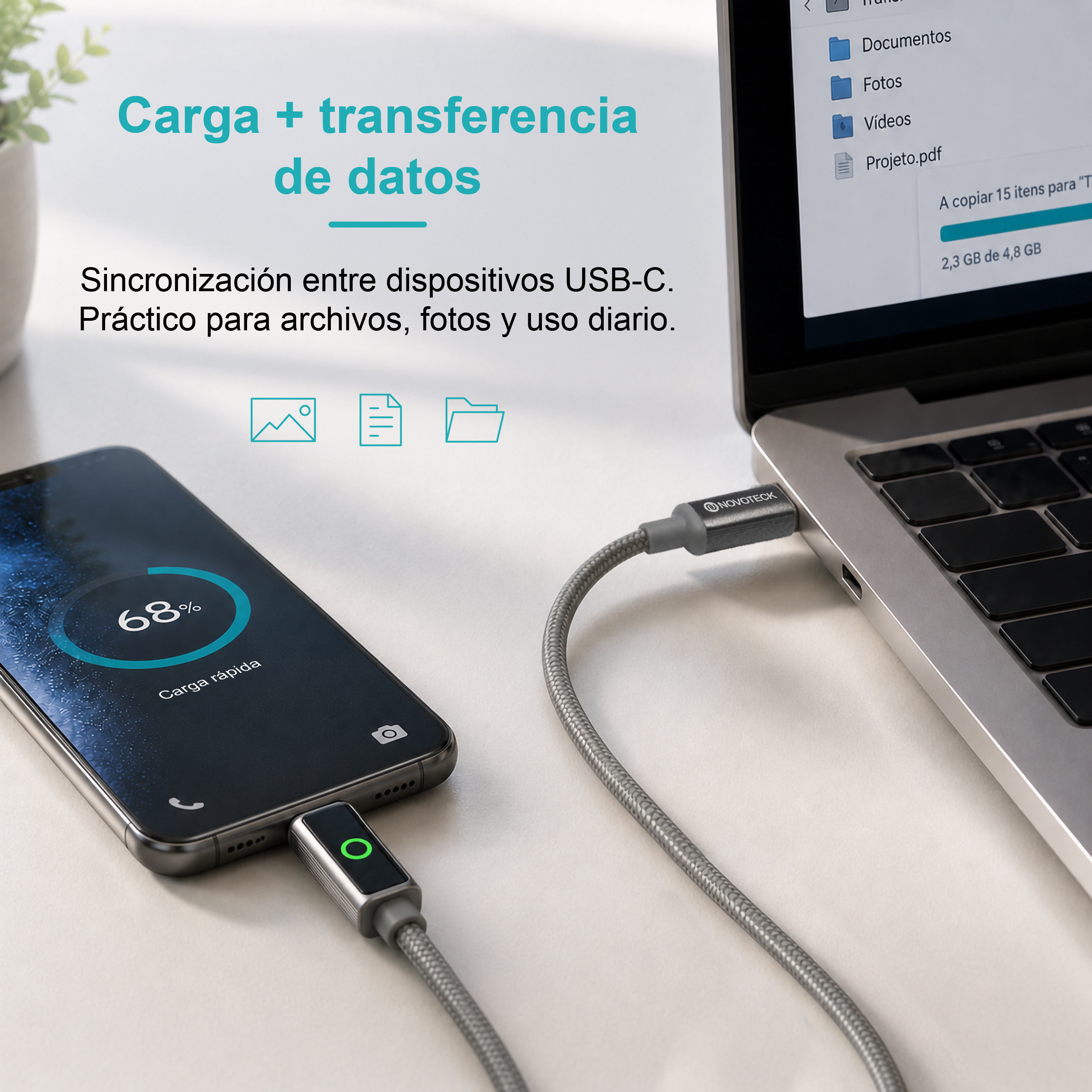 Un cable USB-C gris conecta un teléfono a una computadora portátil con texto promocional.