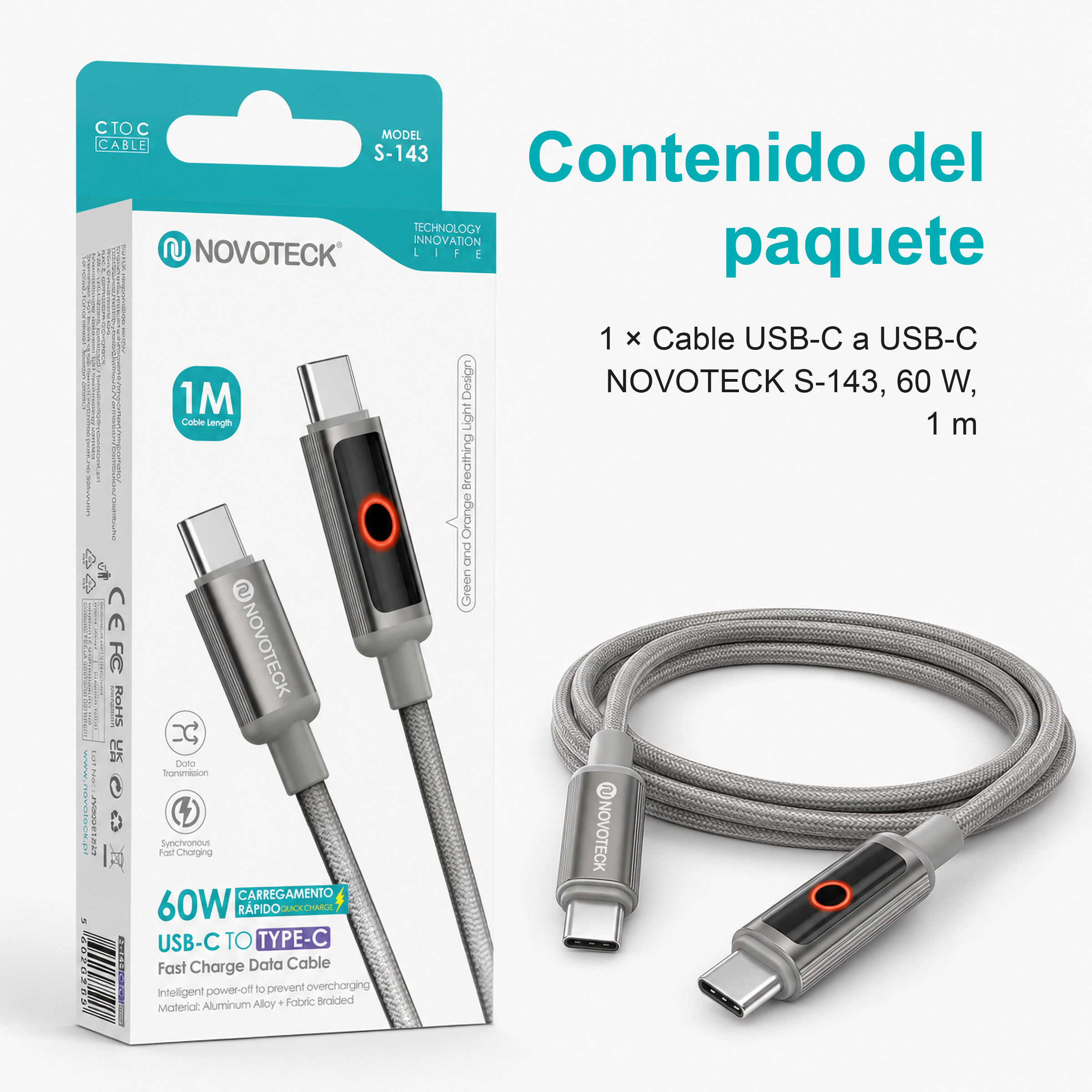 Cable USB-C Novoteck en su caja con texto y vista del cable enrollado.