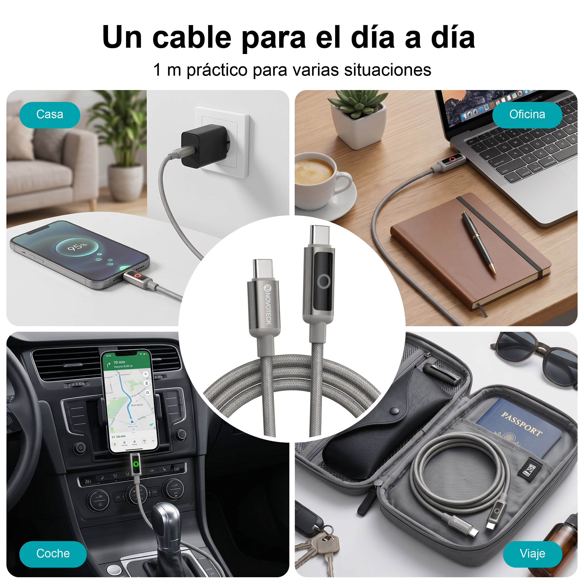 Un cable USB-C gris trenzado se muestra en varios escenarios cotidianos como hogar, oficina, coche y viajes.