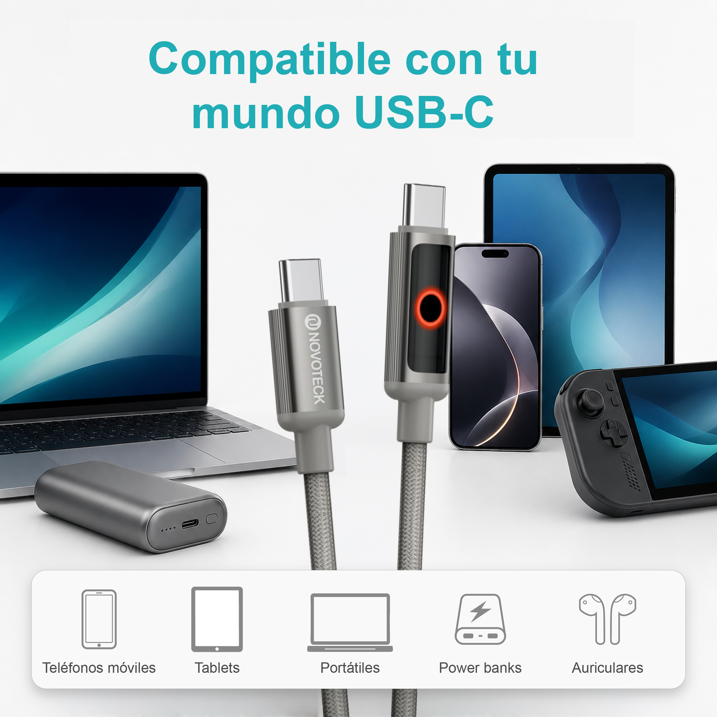 Dos cables USB-C en primer plano con dispositivos como portátil, tableta, móvil y batería externa al fondo.