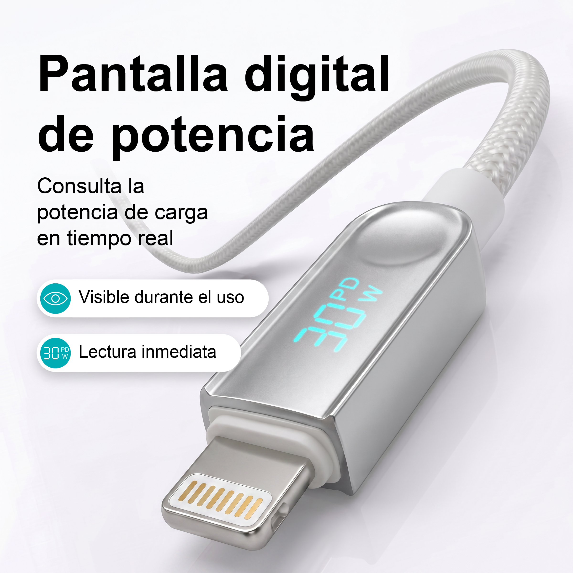 Cable de carga plateado con pantalla digital y texto sobre potencia de carga en tiempo real.