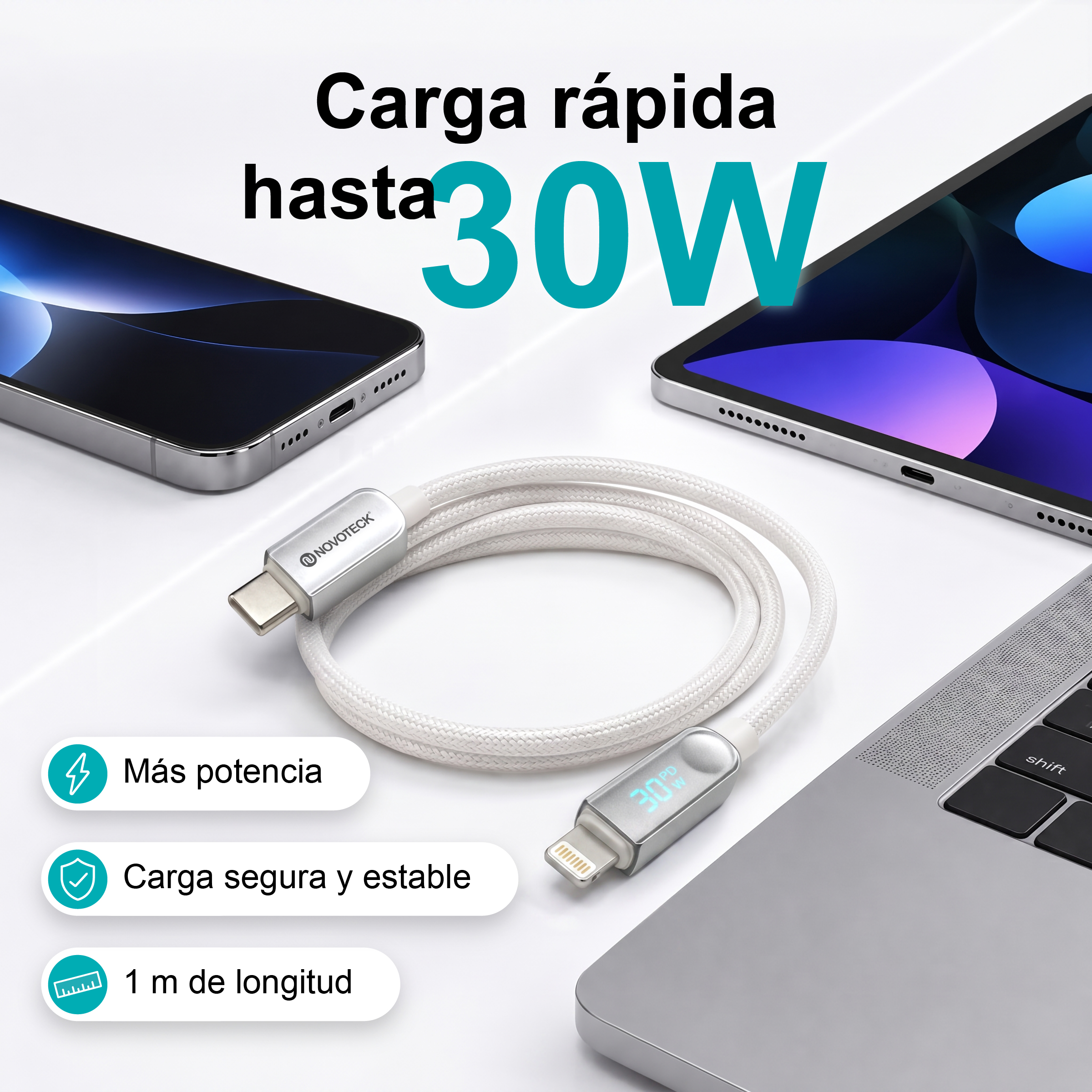 Un cable de carga blanco con pantalla, rodeado de móvil, tablet y portátil, con texto de carga rápida de 30W.