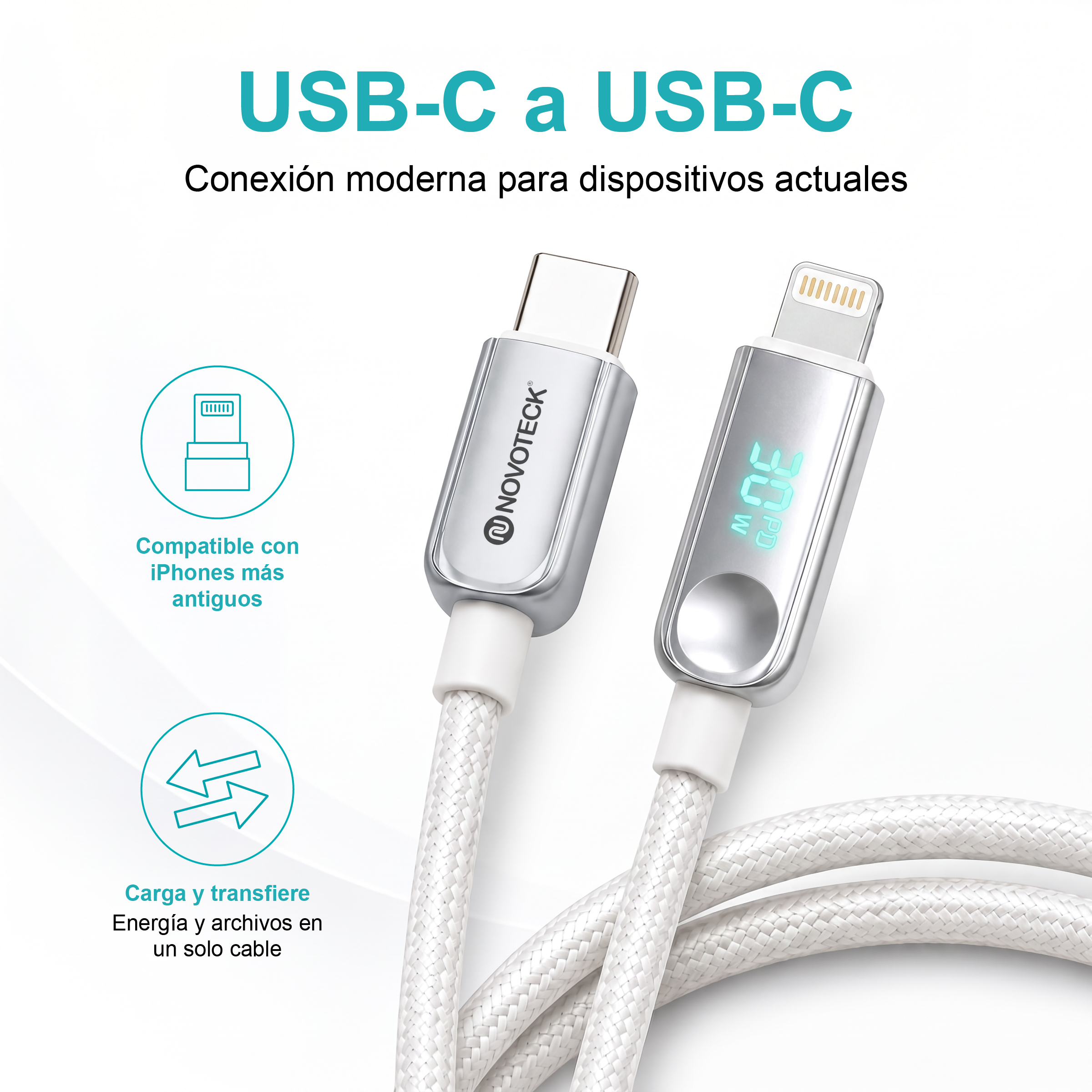 Dos cables de carga trenzados blancos con conectores plateados y texto en español.