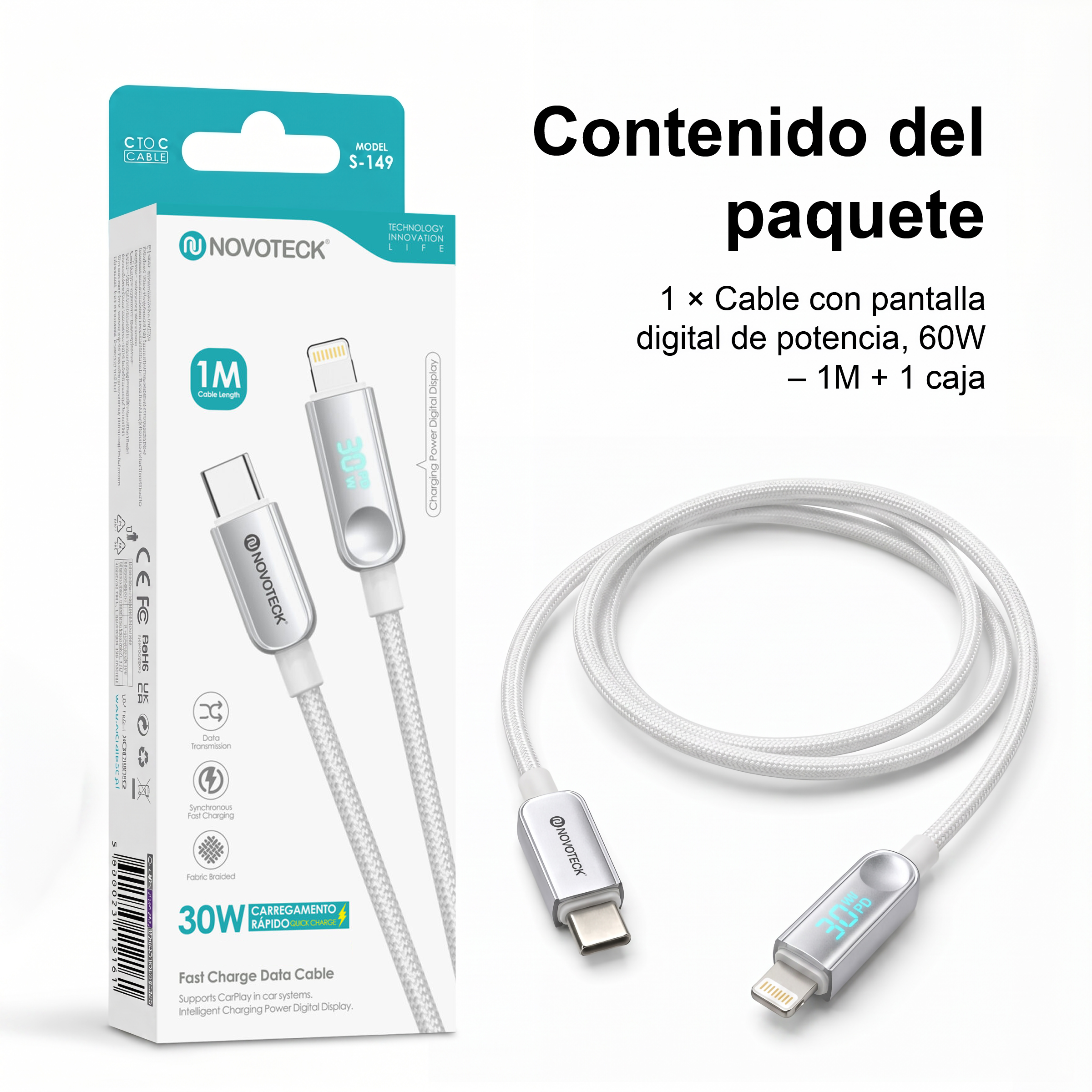 Caja de embalaje Novoteck y cable USB-C a Lightning trenzado blanco con pantalla digital.