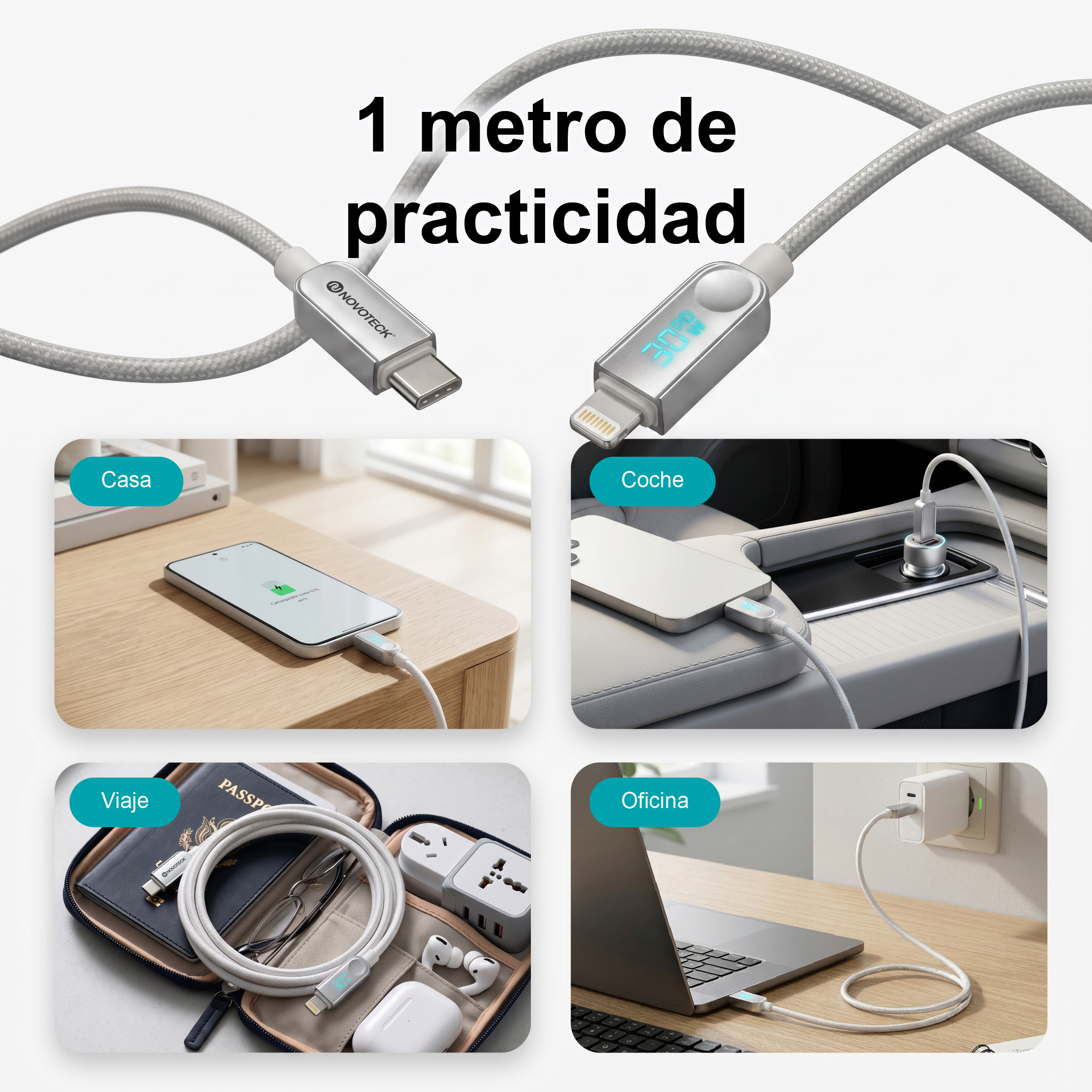 Un cable de carga USB-C a Lightning gris con pantalla digital, mostrado en cuatro escenarios de uso diferentes.