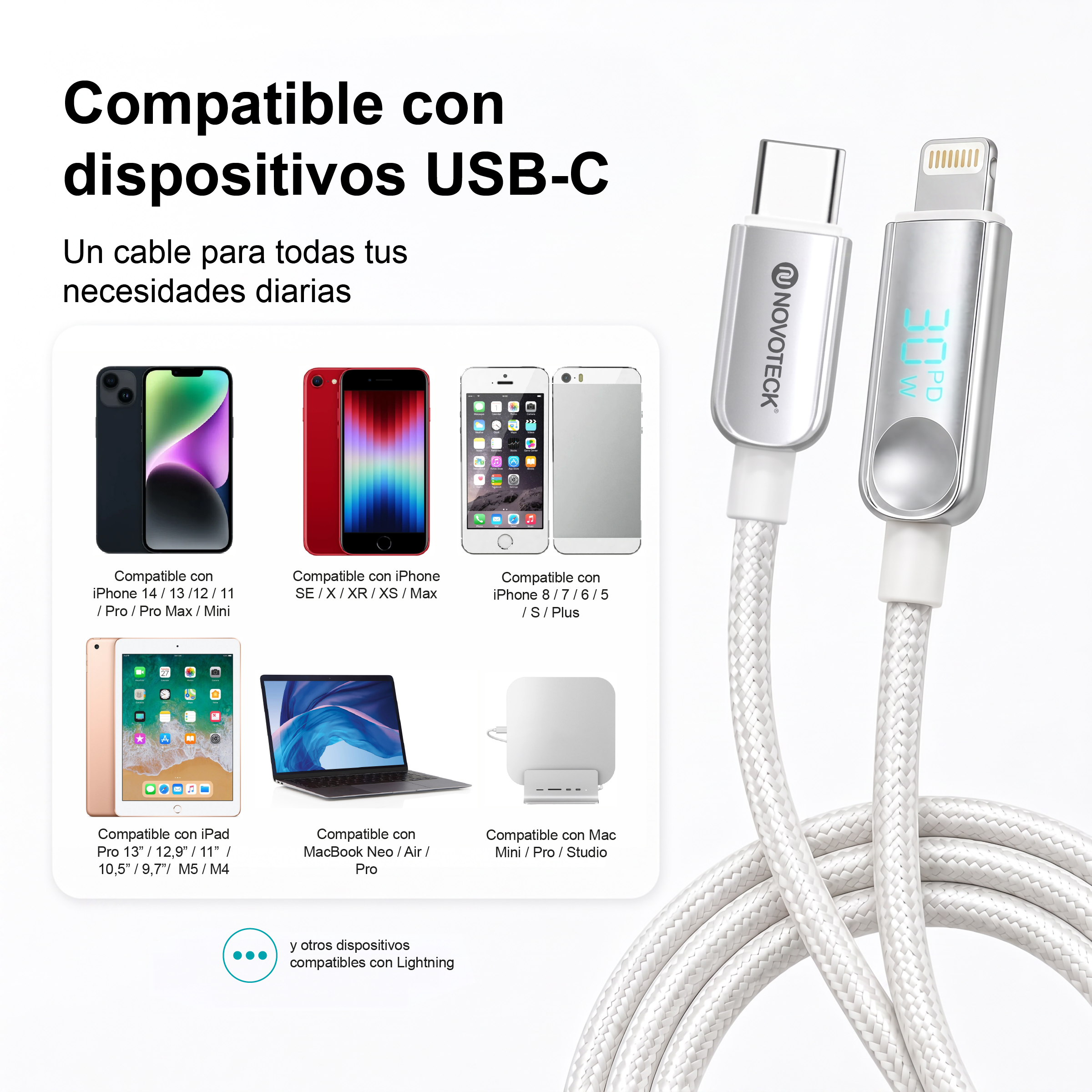Cable blanco USB-C a Lightning con pantalla y dispositivos Apple compatibles.