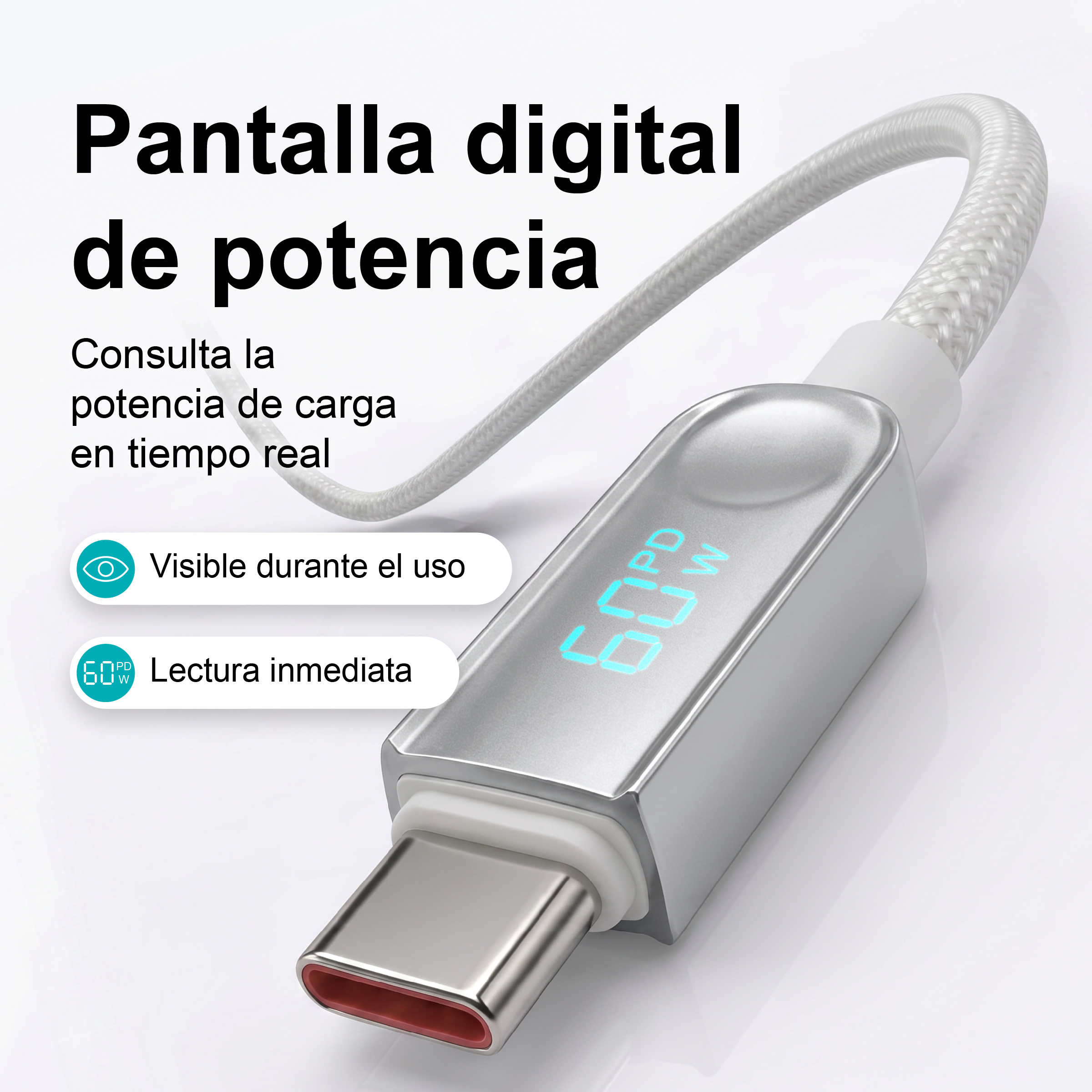 Un cavo USB-C bianco con display di alimentazione digitale e testo in spagnolo.