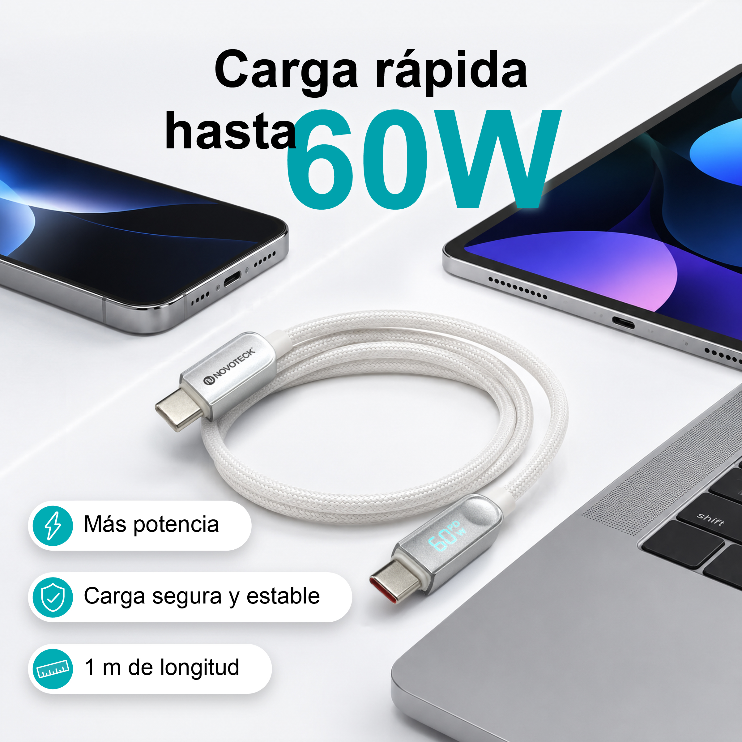 Cavo USB-C bianco da 60W con smartphone, tablet e computer portatile.