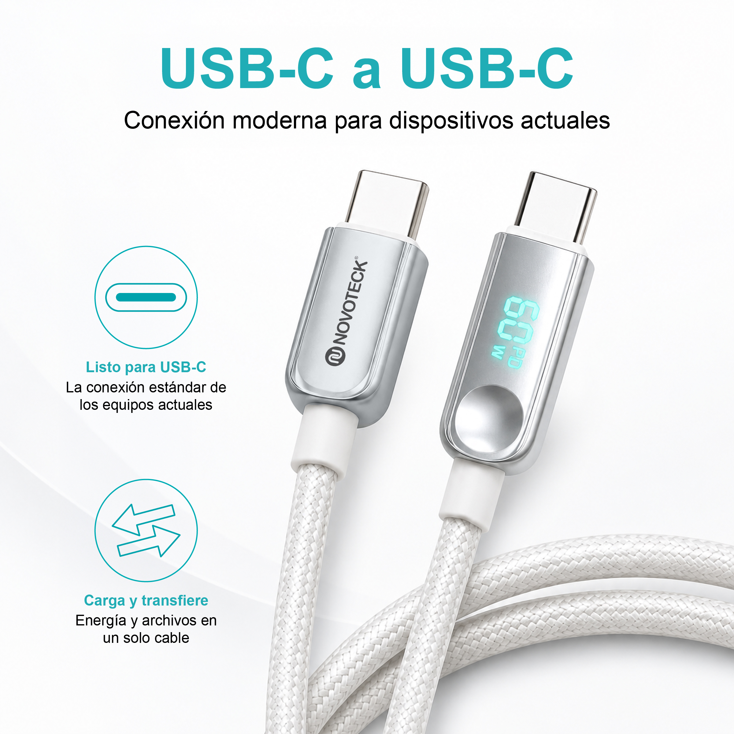Due cavi USB-C intrecciati bianchi con connettori argentati su sfondo chiaro, con icone e testo.