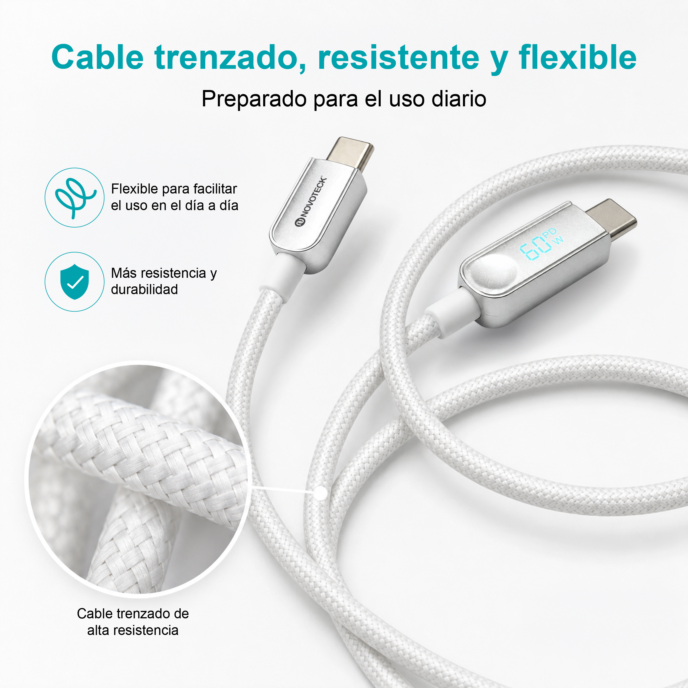 Cavo USB-C intrecciato bianco con connettori argentati e display digitale su sfondo bianco.