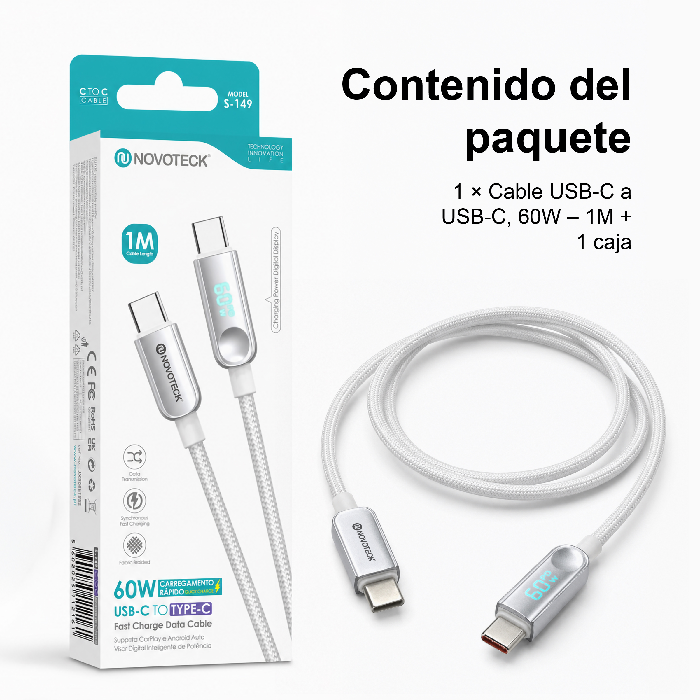 Empaque y cable de carga blanco USB-C a USB-C con pantalla digital, 60W, 1m de largo.