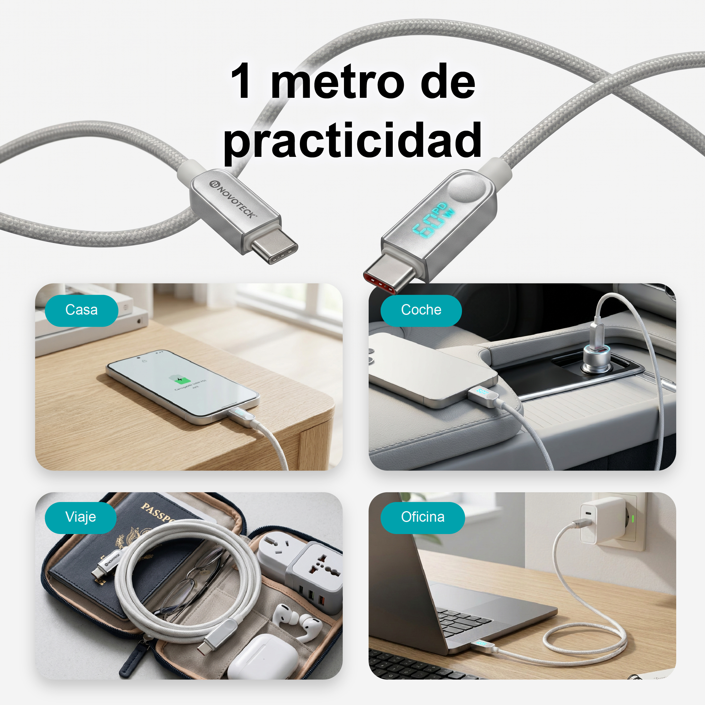 Un cavo USB-C intrecciato con display digitale, che carica dispositivi a casa, in auto, in viaggio e in ufficio.