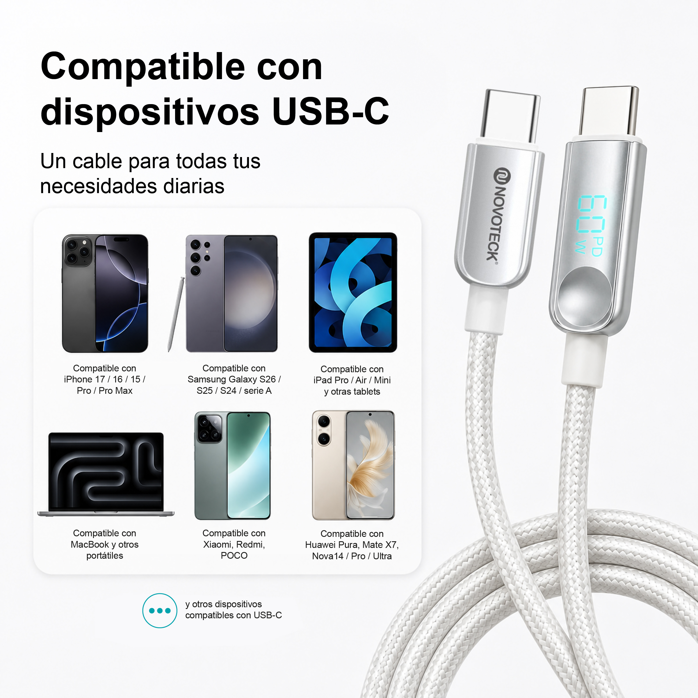 Cavo USB-C intrecciato bianco con display digitale, testo e icone di compatibilità dei dispositivi.