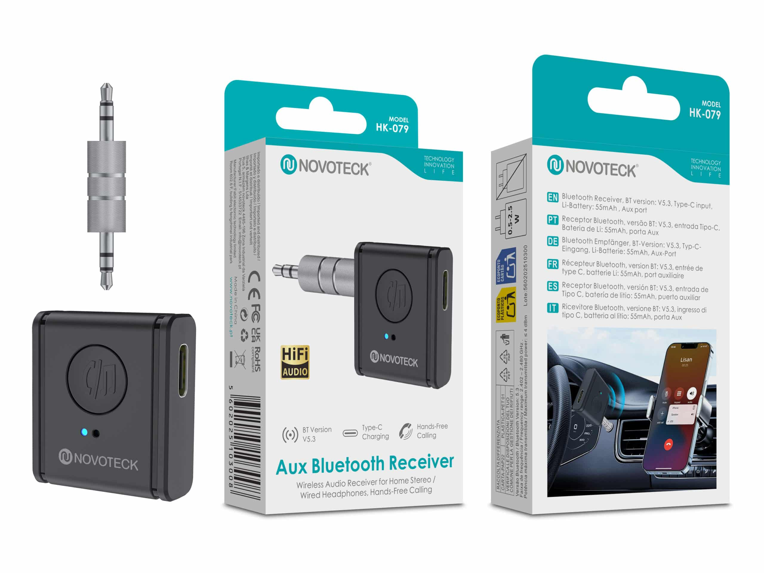 Receptor Bluetooth Aux Novoteck con adaptador de audio y empaque del producto.