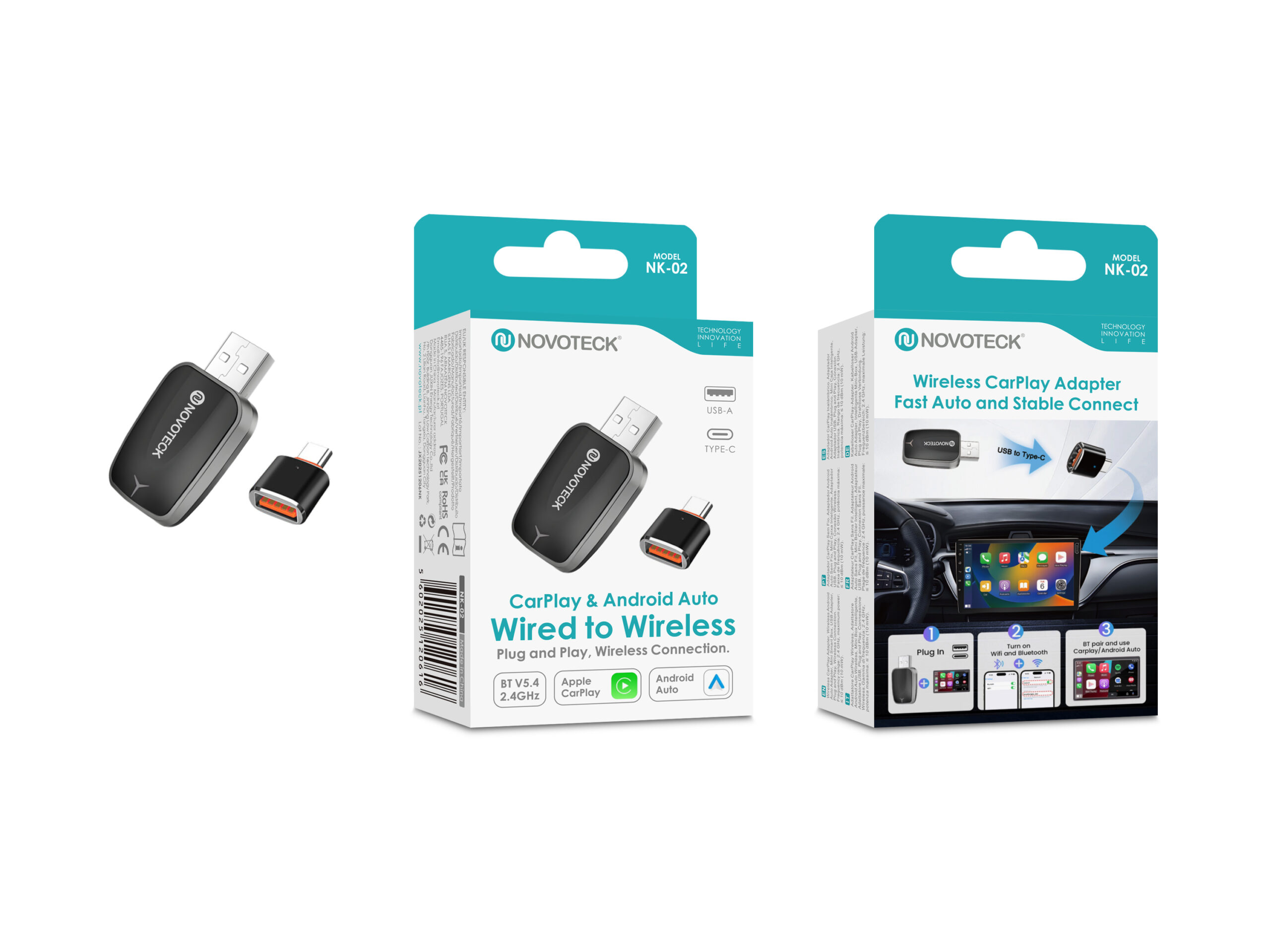 Adaptador CarPlay inalámbrico Novoteck y dos adaptadores USB-A y USB-C sobre un fondo blanco.