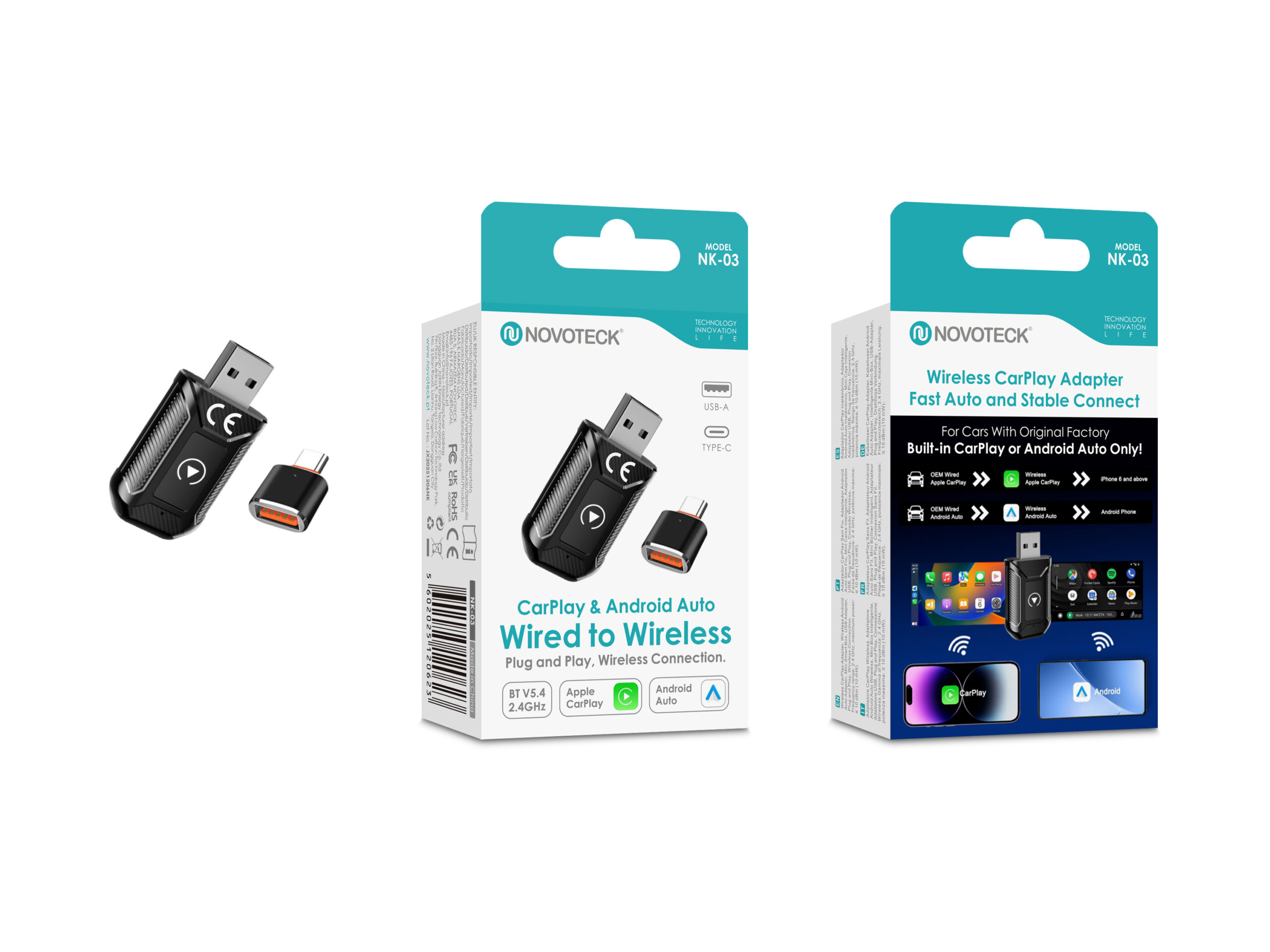 Adaptador inalámbrico CarPlay y Android Auto Novoteck NK-03 con accesorios y embalaje.