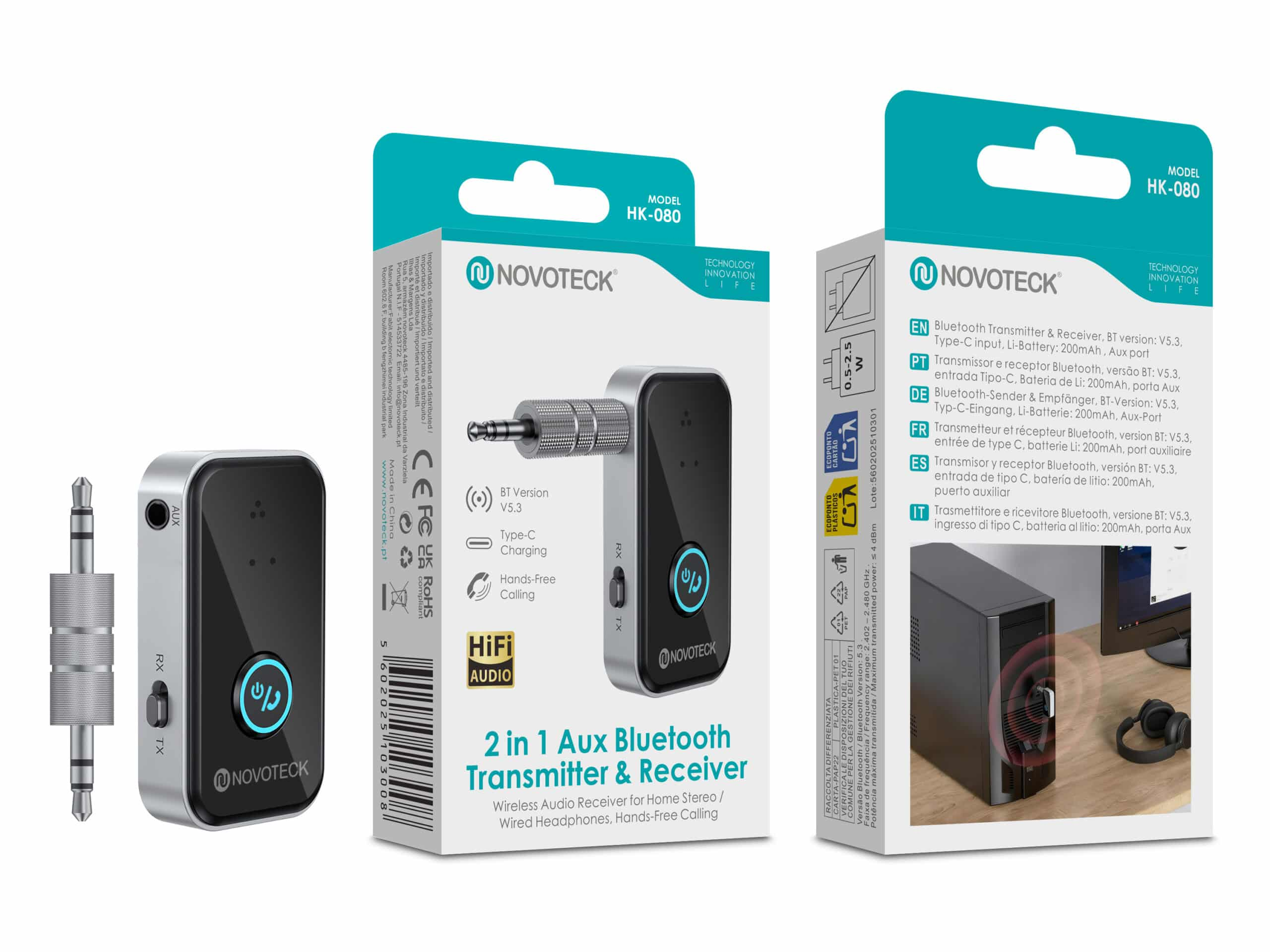 Transmisor y receptor Bluetooth Aux 2 en 1 Novoteck HK-080 con accesorios y embalaje.