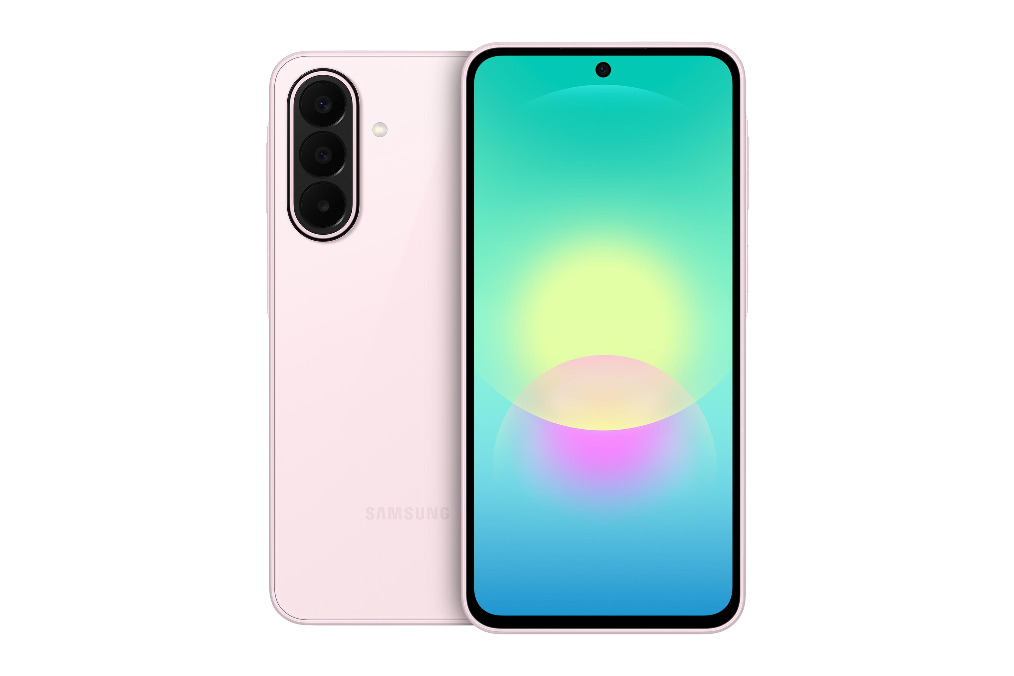 Un teléfono inteligente Samsung rosa con tres cámaras traseras y una pantalla colorida en la parte delantera.