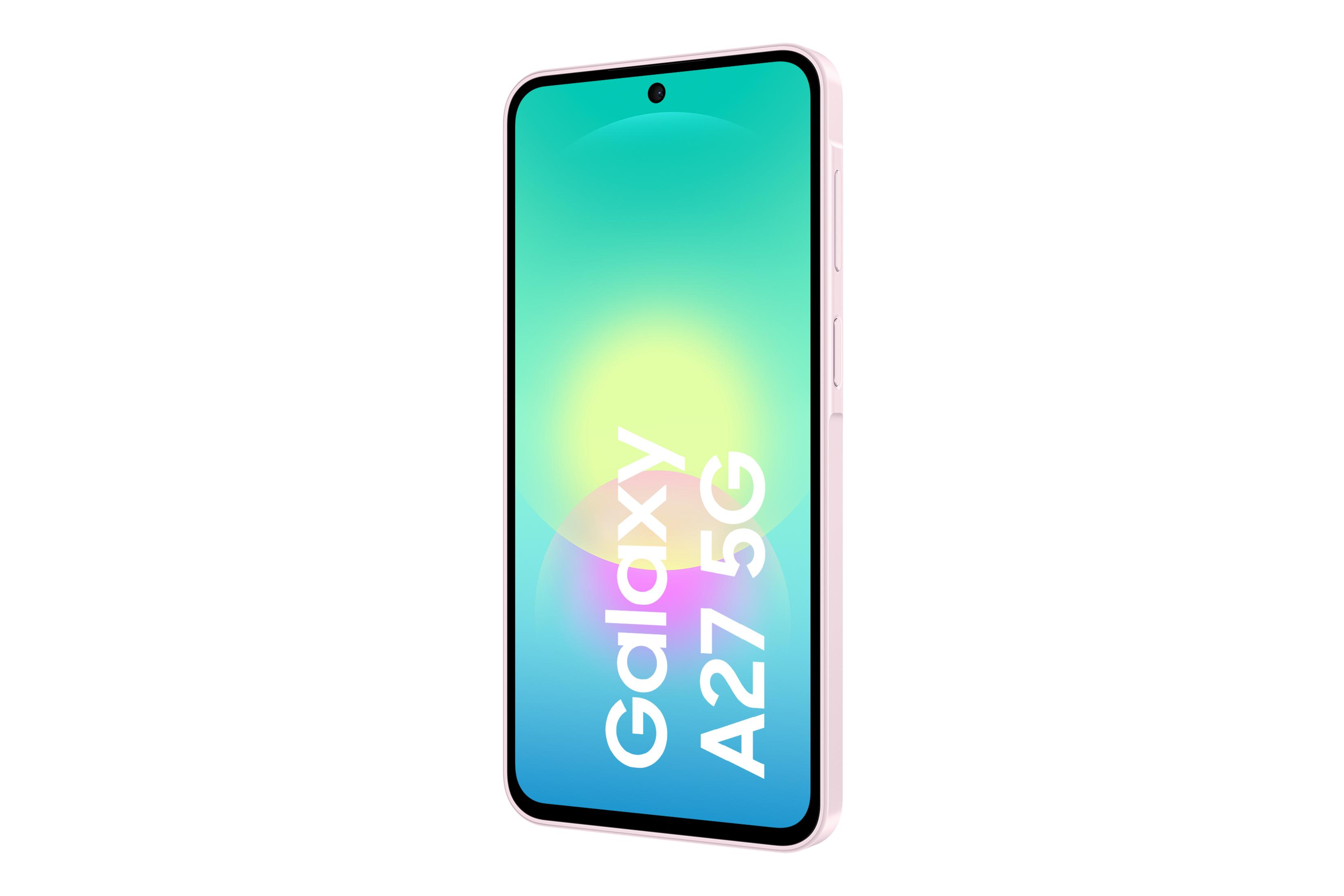 Un smartphone rosa Samsung Galaxy A27 5G muestra una pantalla colorida con texto sobre un fondo blanco.