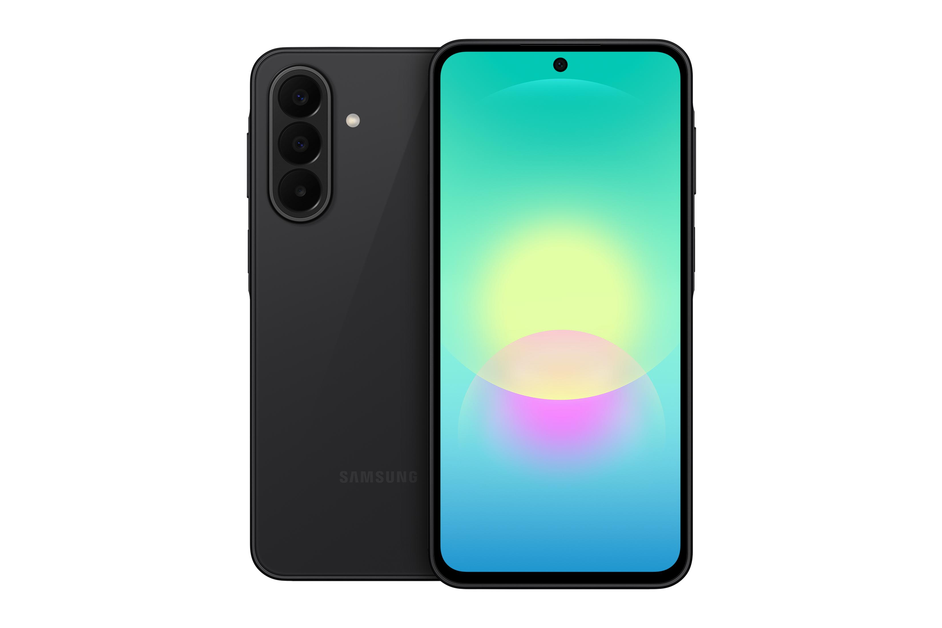 Uno smartphone Samsung nero mostra uno schermo colorato davanti e tre fotocamere verticali dietro.