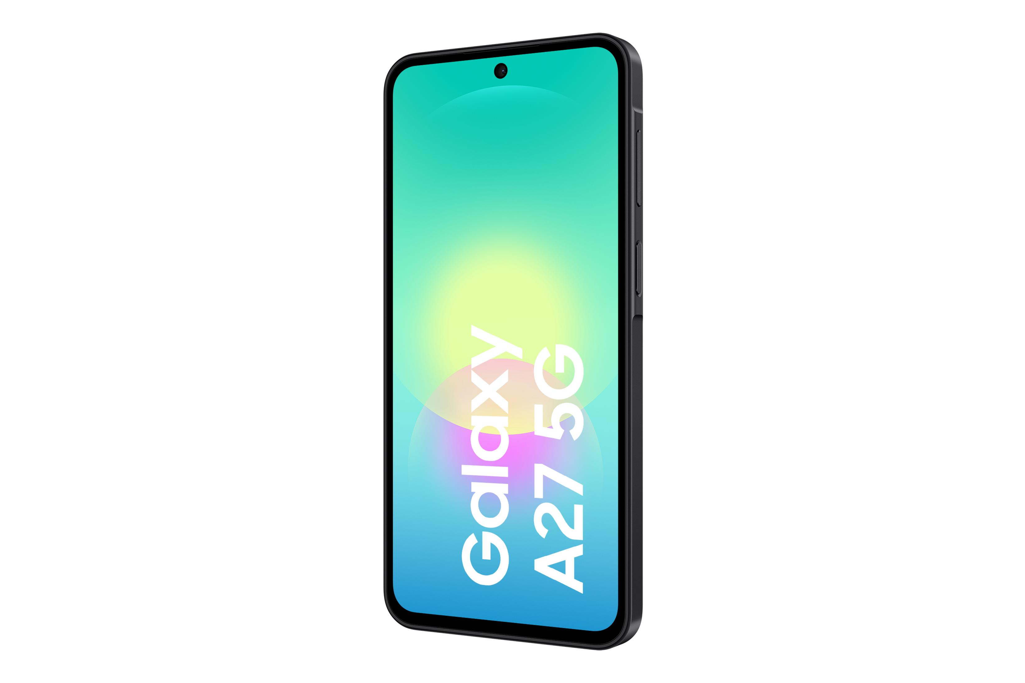 Uno smartphone nero mostra uno sfondo astratto colorato con la scritta Galaxy A27 5G.