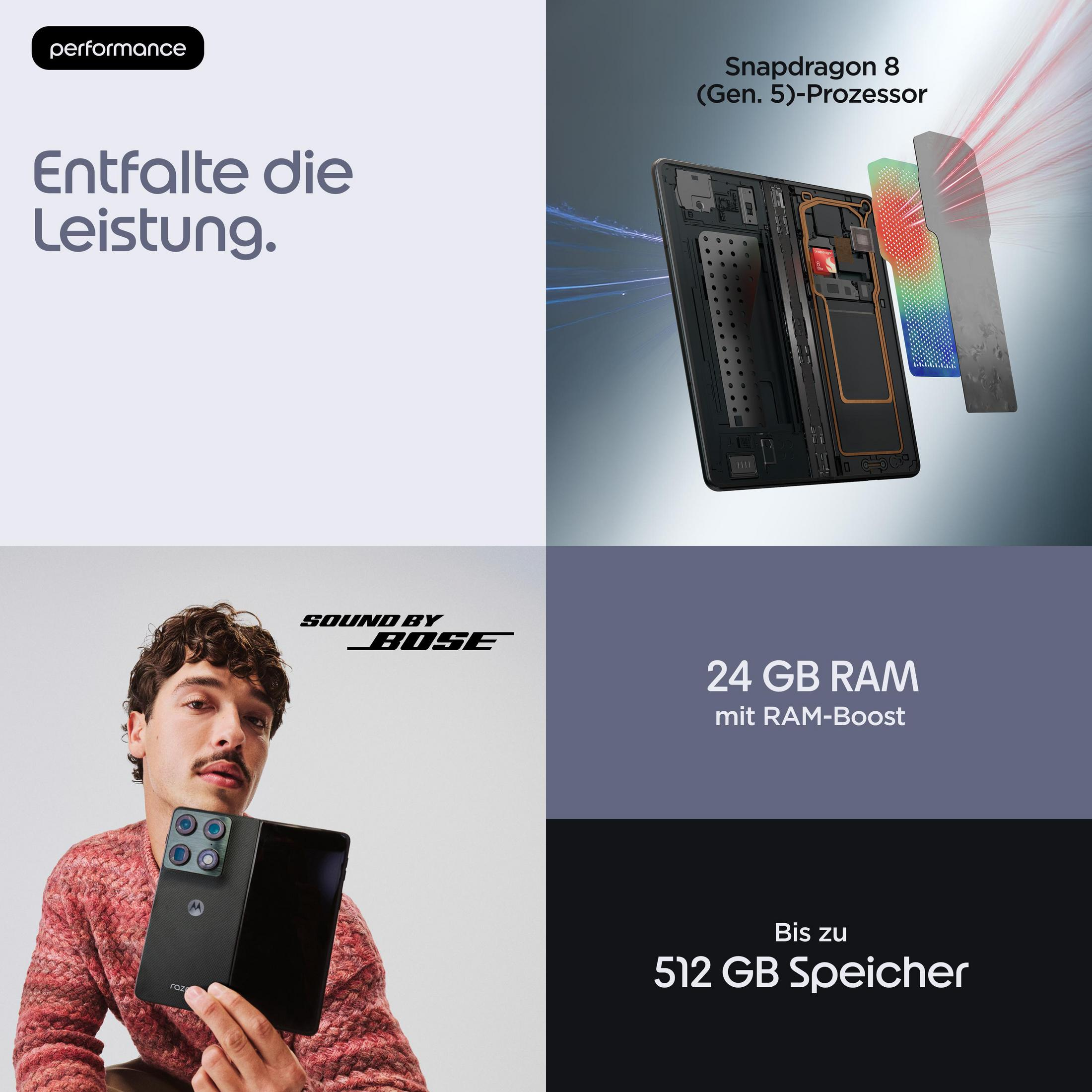 Une publicité montrant le processeur du téléphone, un homme le tenant et des textes sur les specs et le son Bose.