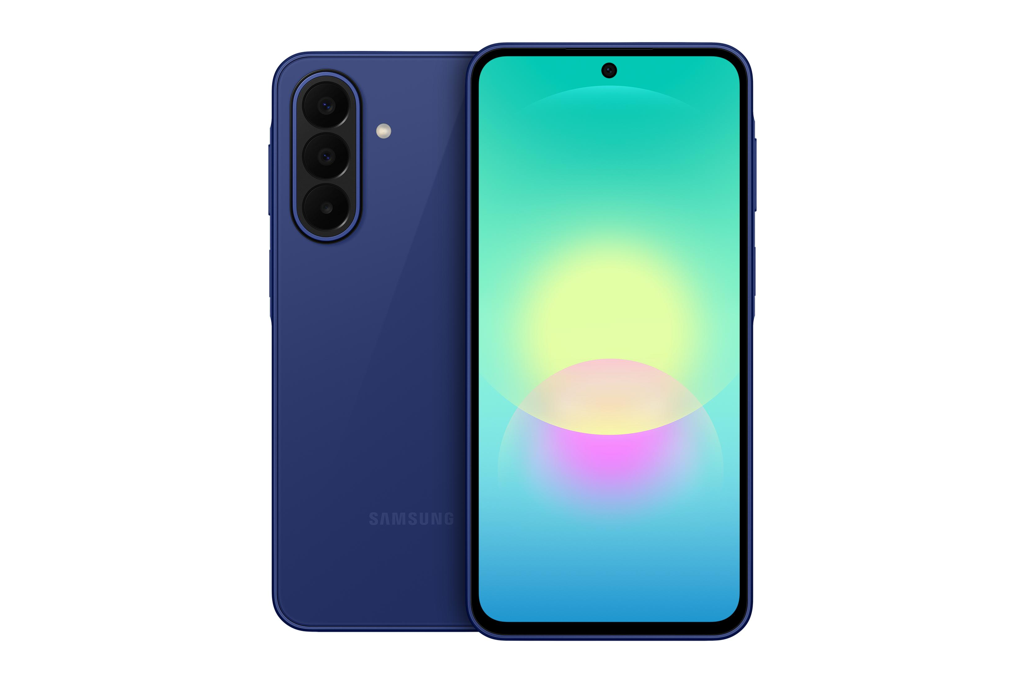Uno smartphone blu con tripla fotocamera posteriore e schermo colorato davanti, su sfondo bianco.