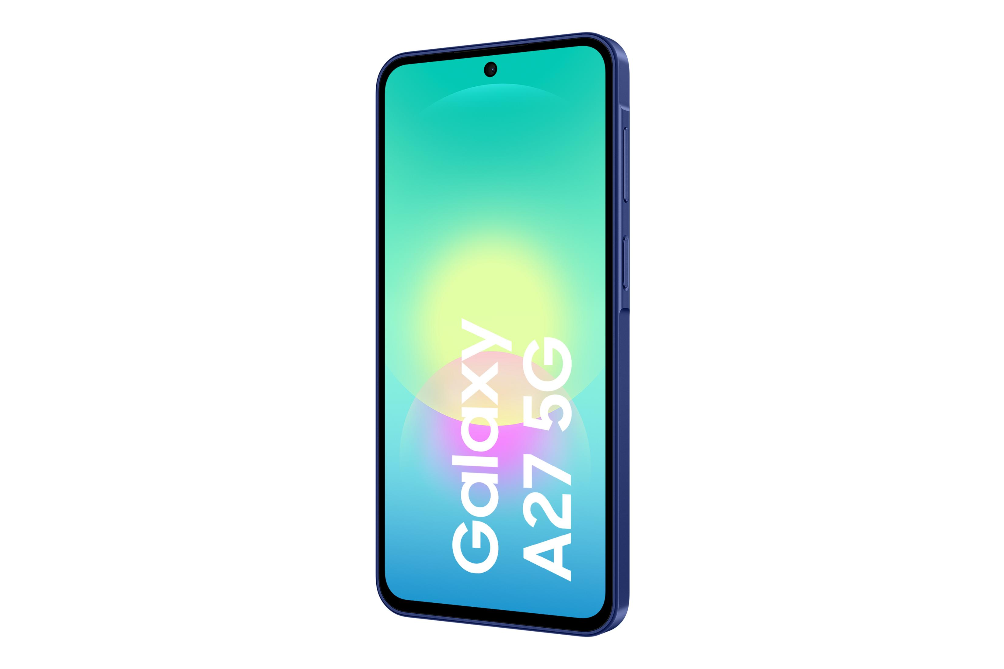Smartphone Galaxy A27 5G blu scuro con display colorato su sfondo bianco.