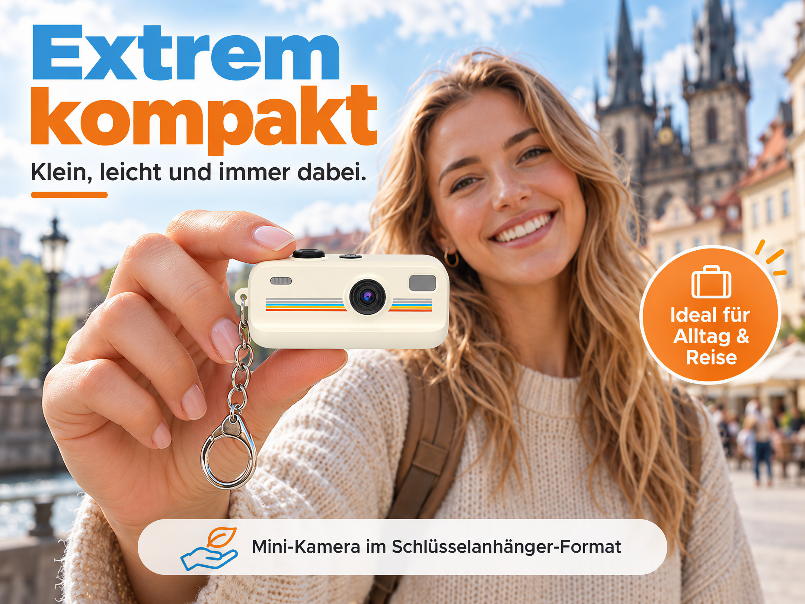 Eine Frau hält eine kleine, weiße Mini-Kamera mit Schlüsselring in die Kamera, im Hintergrund eine Stadt.