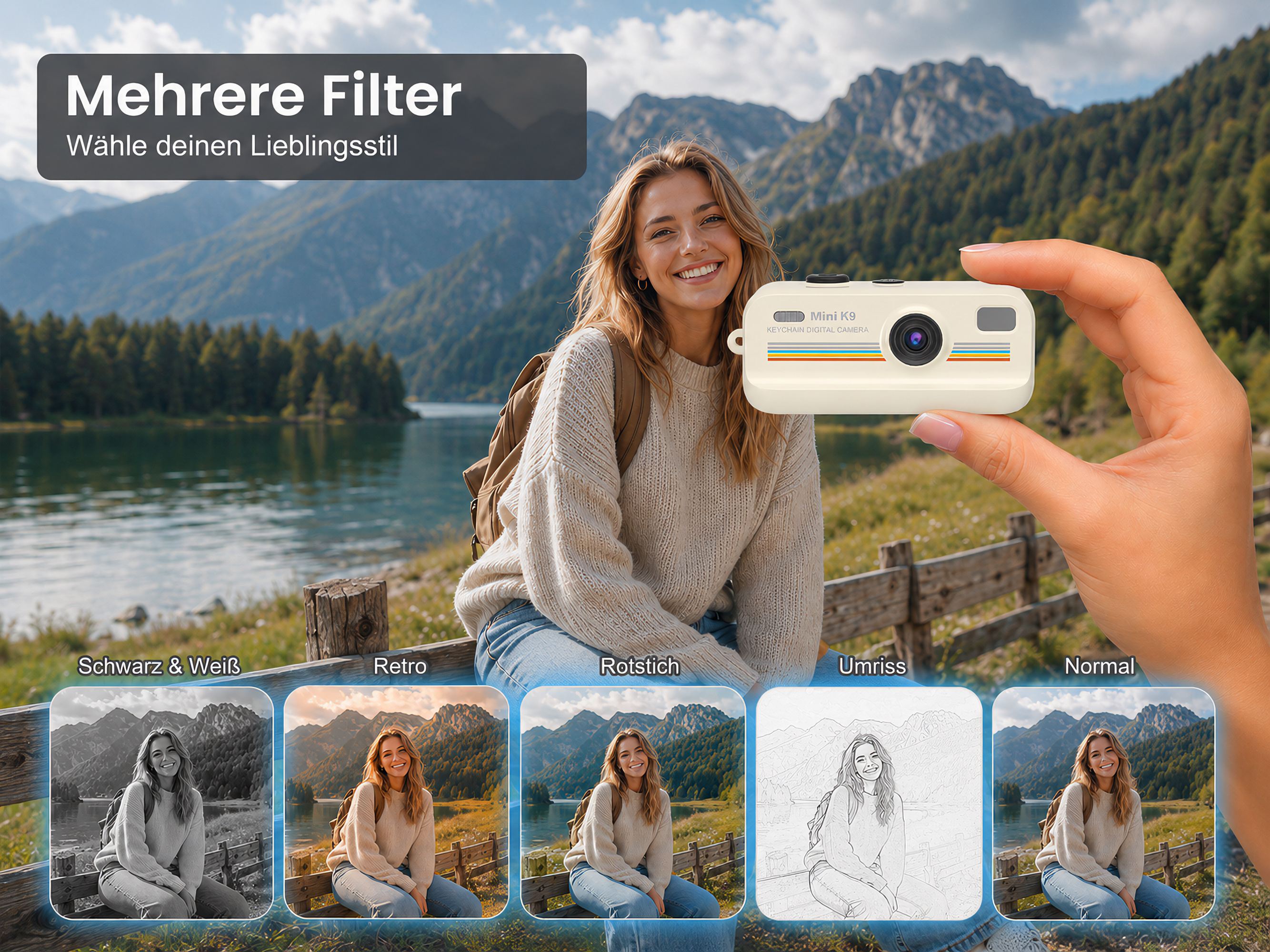 Eine Hand hält eine Minikamera, die eine Frau am See zeigt, mit fünf Filteroptionen unten.