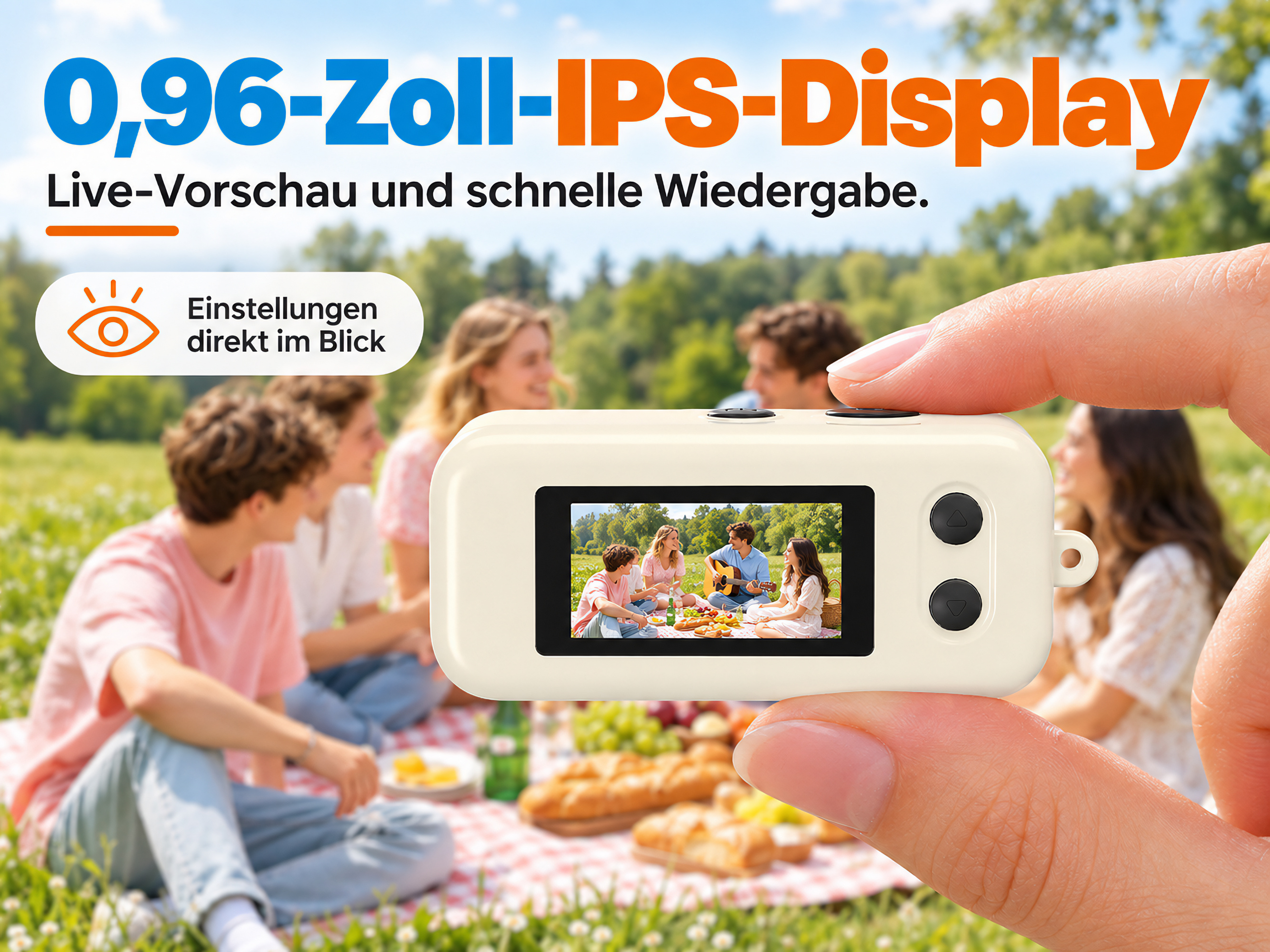Hand hält kleine weiße Kamera mit Display, das eine Gruppe beim Picknick auf einer Wiese zeigt.