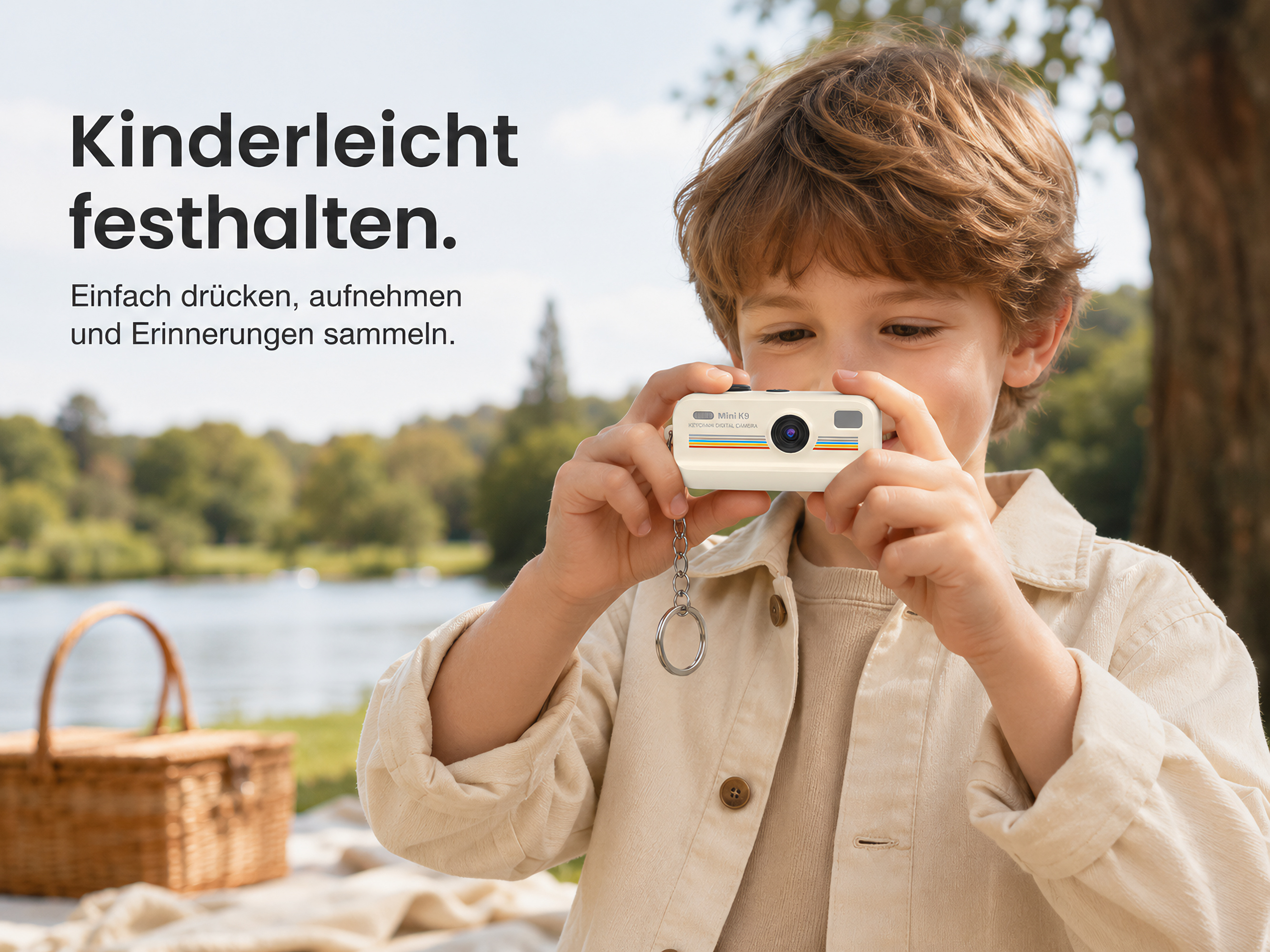 Ein Junge fotografiert im Park mit einer kleinen weißen Kamera, im Hintergrund ist ein See und ein Picknickkorb.