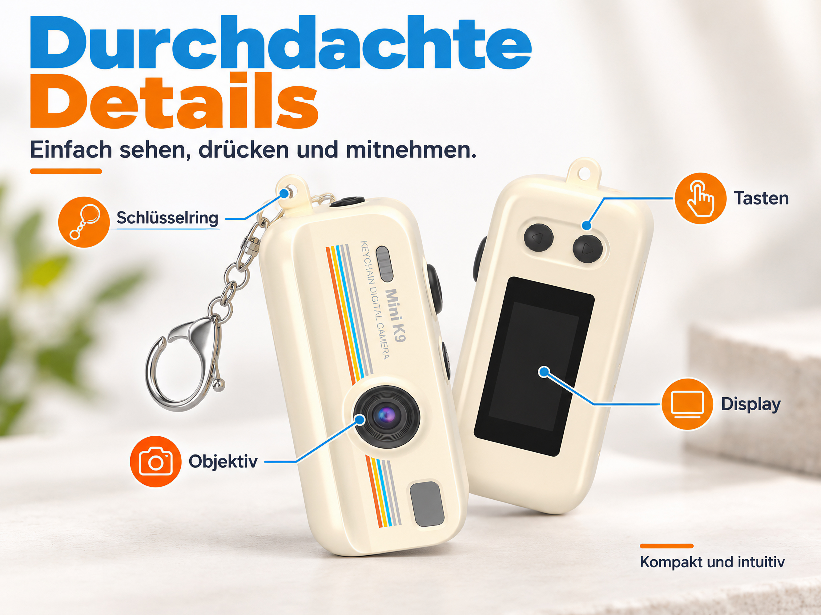 Zwei cremefarbene Mini-Digitalkameras mit Schlüsselring, Objektiv, Display und Tasten in Großaufnahme.
