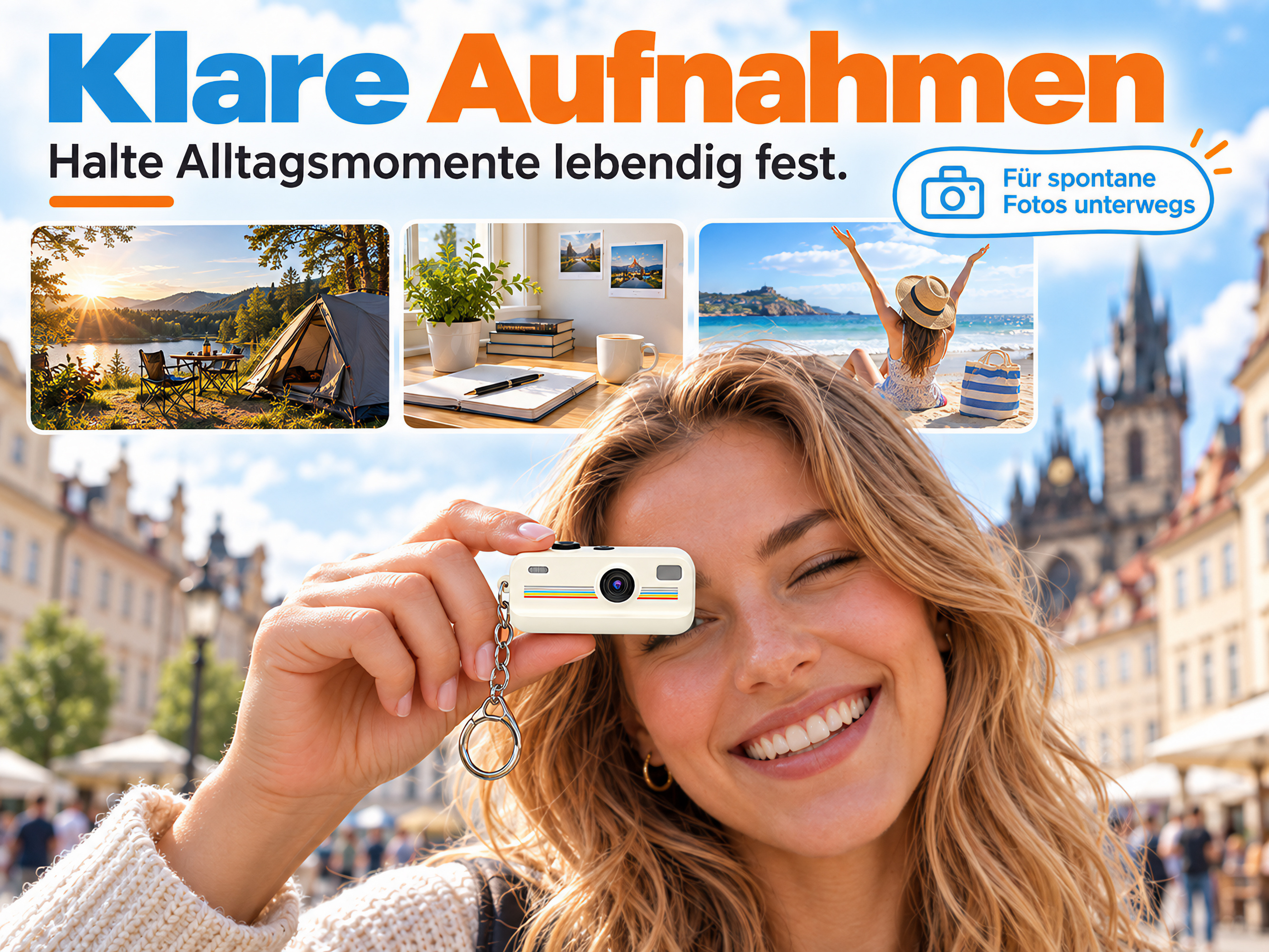 Eine Frau hält eine Mini-Kamera vor ihr Auge. Oben zeigen drei kleinere Bilder Camping, Schreibtisch und Strand.