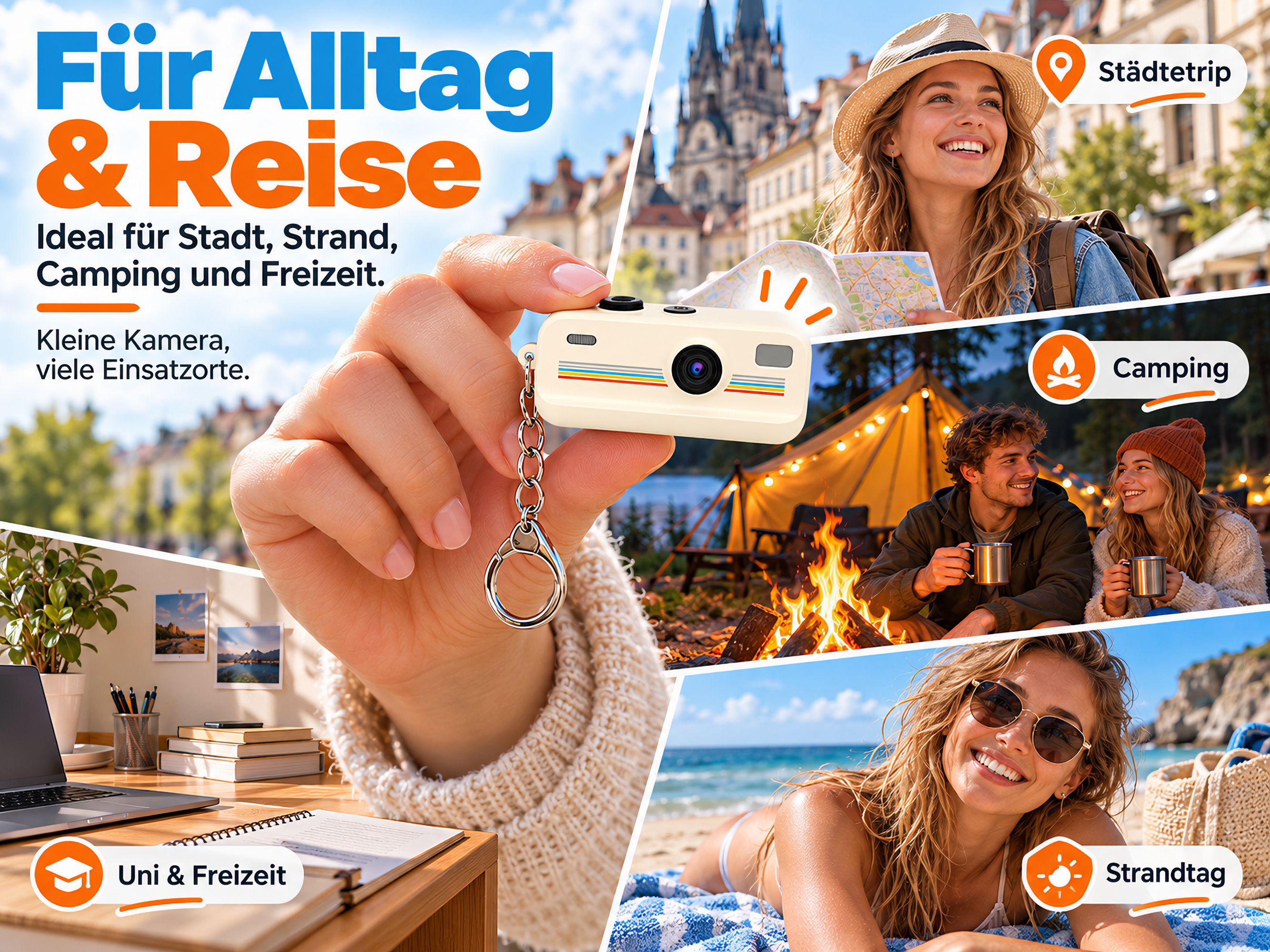 Eine Hand hält eine Mini-Kamera als Schlüsselanhänger, mit Szenen von Reisen, Camping, Strand und Alltag.