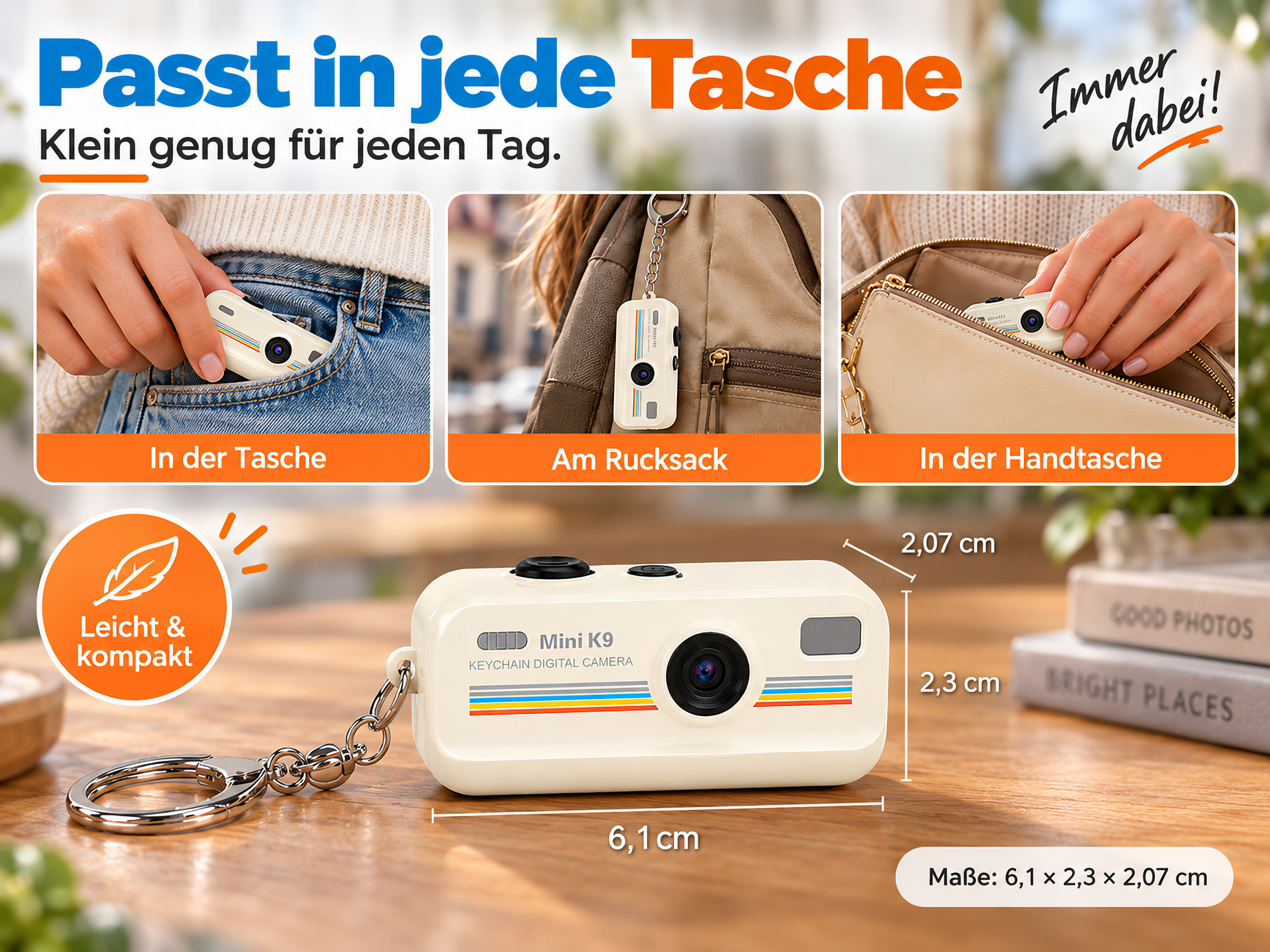 Kompakte Mini-Digitalkamera in Beige mit Maßen und Verwendungsszenarien als Schlüsselanhänger und in Taschen.