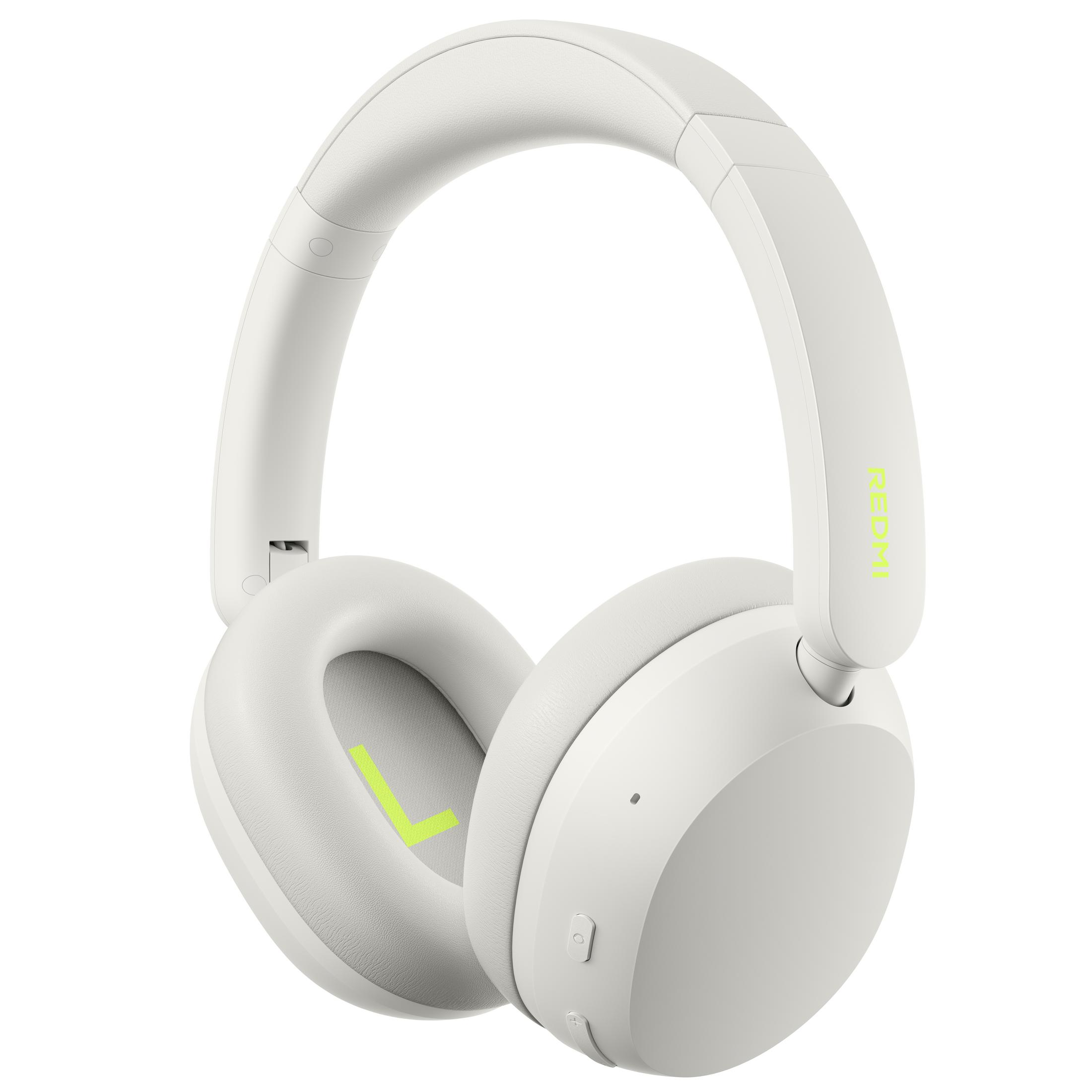 Cuffie over-ear bianche con dettagli gialli e logo su sfondo bianco.