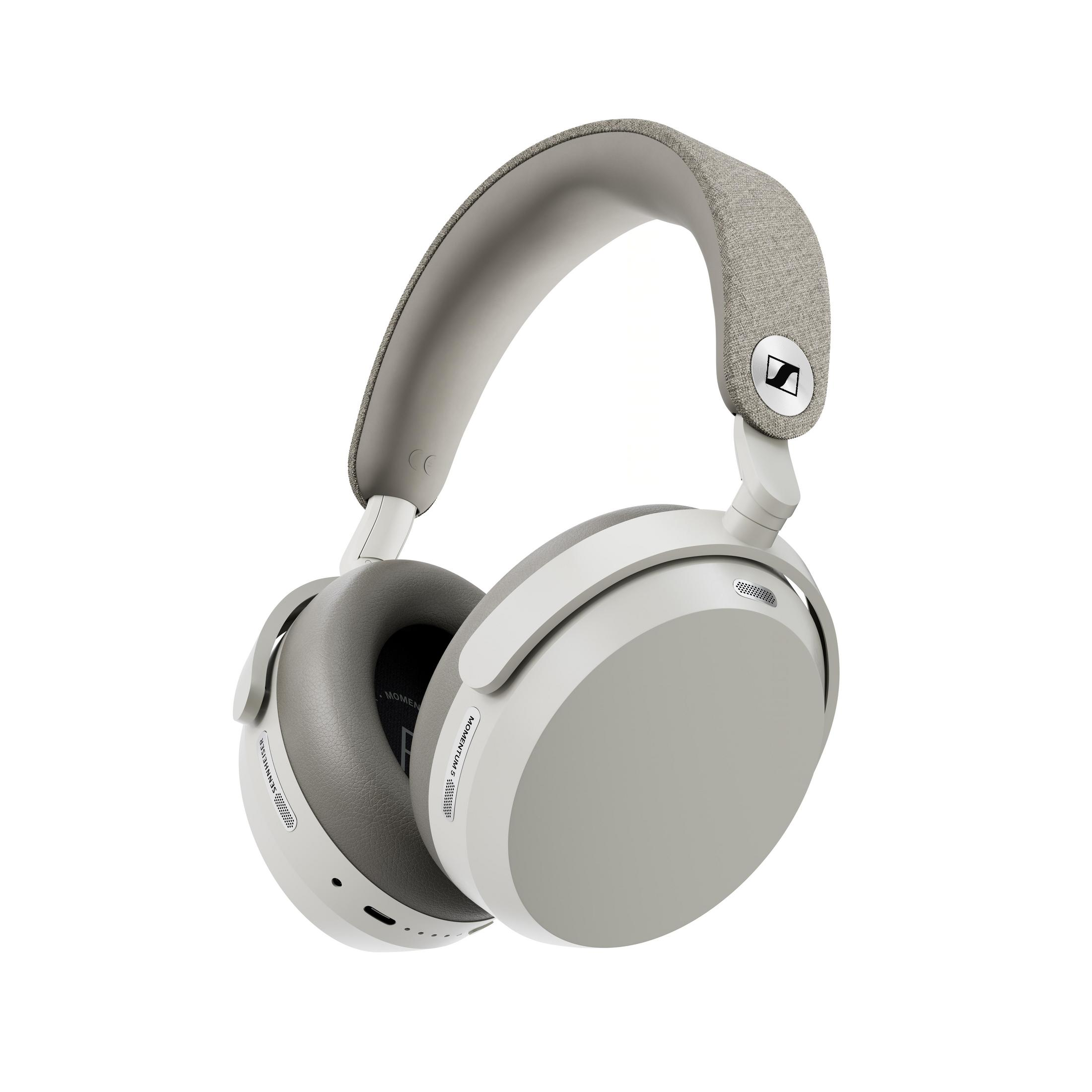 Cuffie over-ear Sennheiser grigie e bianche con archetto in tessuto su sfondo bianco.