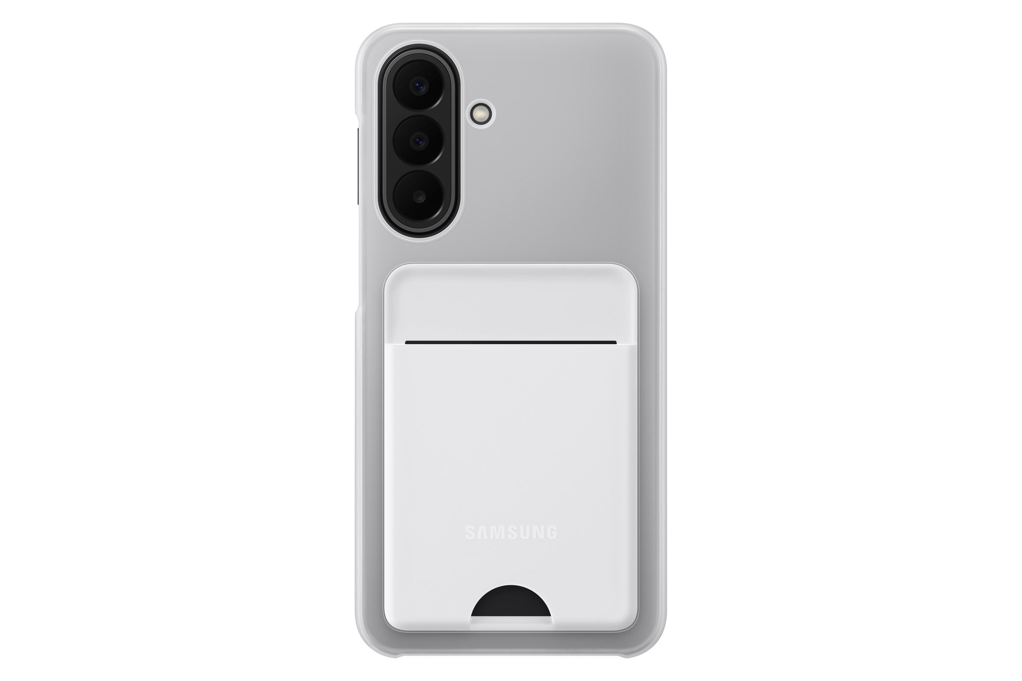 Parte trasera de un smartphone gris en una funda protectora con tarjetero blanco.
