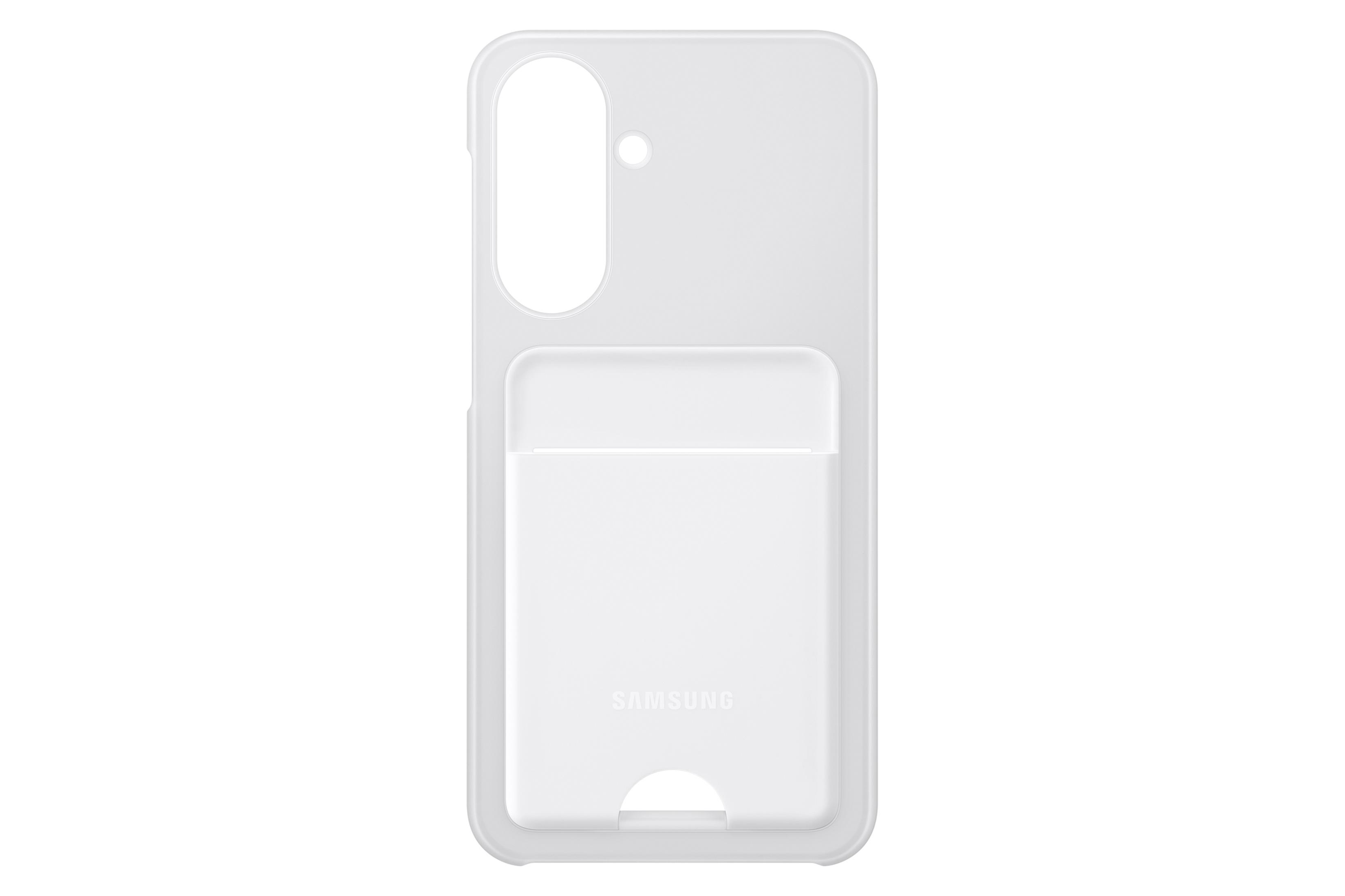 Una funda blanca para móvil Samsung con tarjetero integrado en la parte trasera sobre fondo blanco.