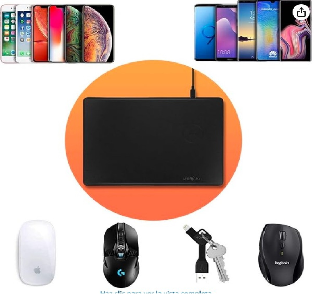 Varios teléfonos inteligentes, una alfombrilla de ratón negra, ratones y un llavero con cable.