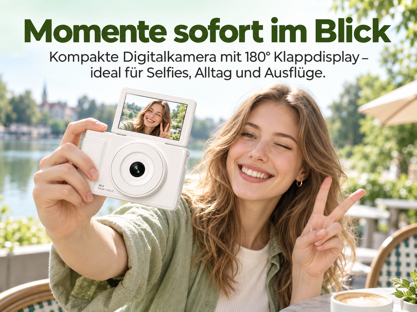 Eine junge Frau lächelt und macht ein Selfie mit einer weißen Digitalkamera vor einer See-Kulisse.