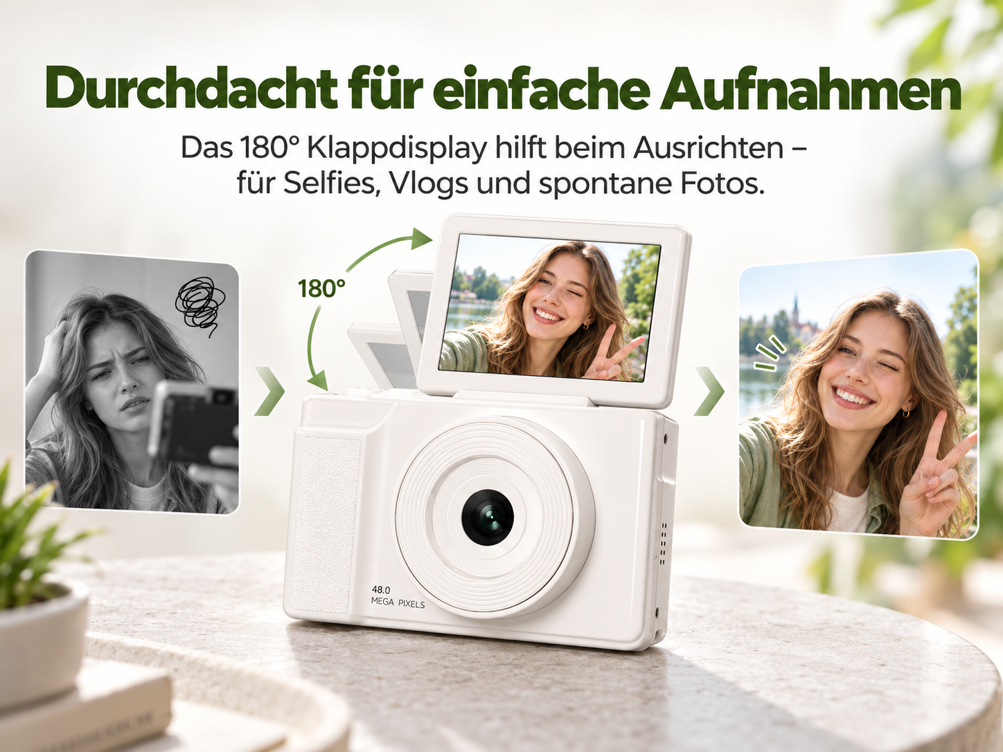 Eine weiße Kamera mit klappbarem Display, das das Aufnehmen von Selfies und Vlogs vereinfacht.