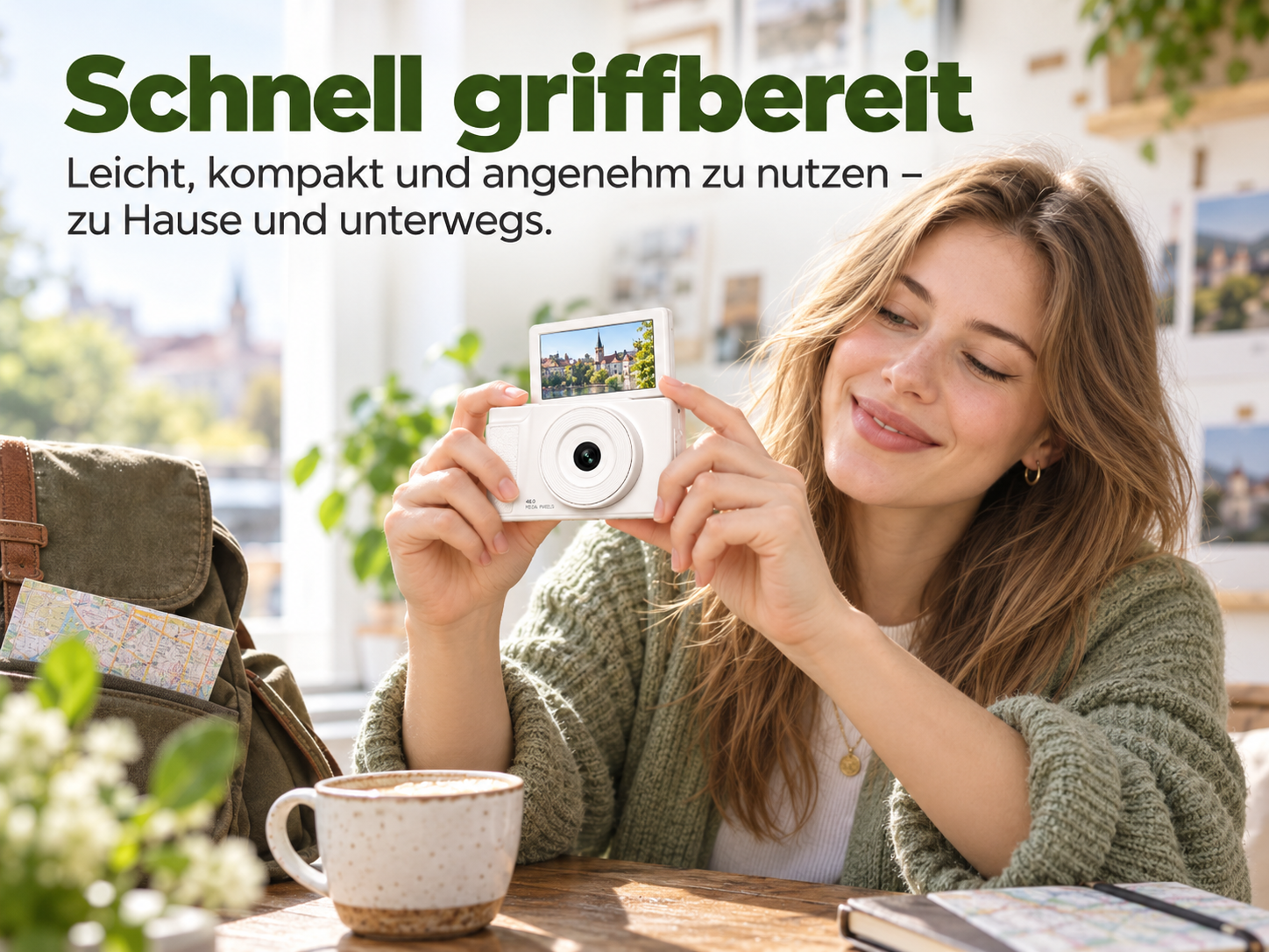 Eine Frau hält eine weiße Kompaktkamera in den Händen, vor ihr auf dem Tisch stehen ein Becher und Notizbücher.
