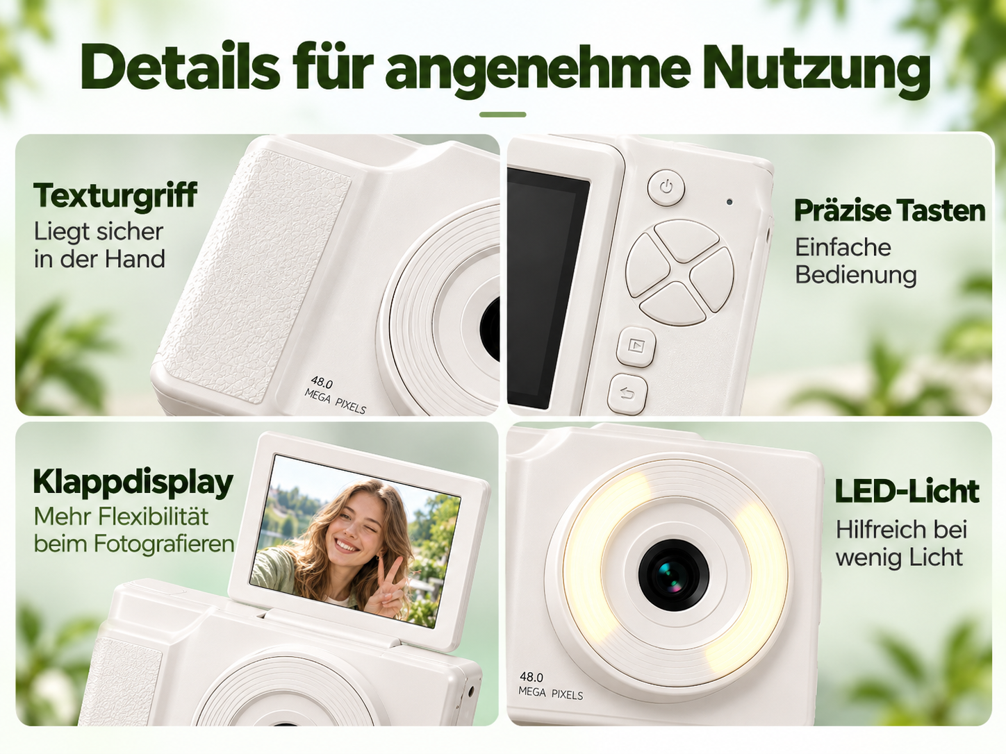 Produktmerkmale einer weißen Digitalkamera in vier Bildern: Griff, Tasten, Klappdisplay und LED-Licht.