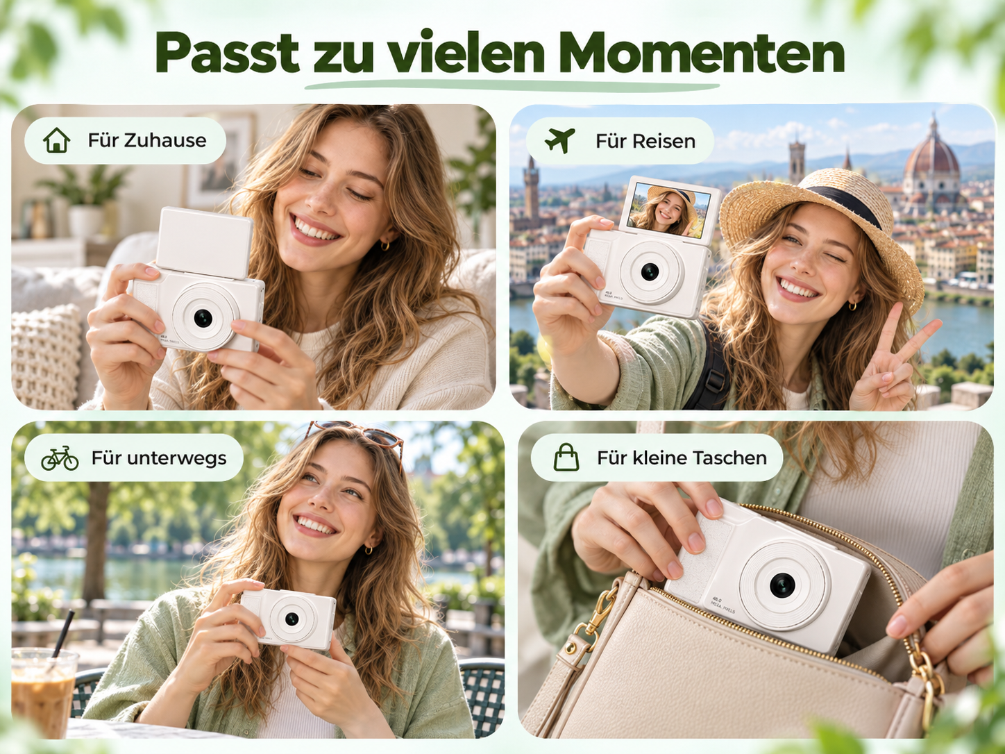 Vier Bilder einer Frau mit weißer Kompaktkamera: zu Hause, beim Reisen, unterwegs und beim Einpacken in eine Tasche.