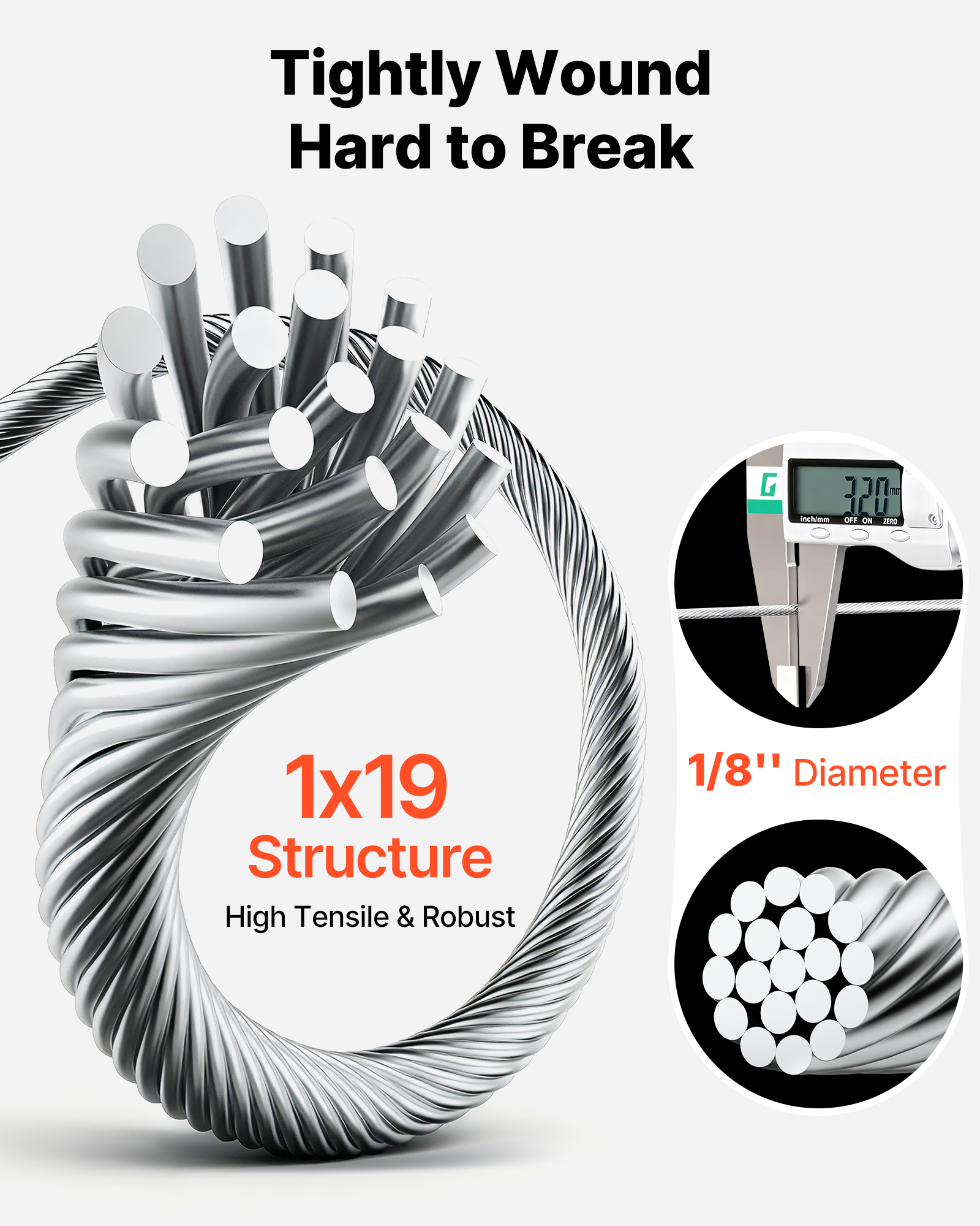Cable de acero con estructura 1x19, diámetro de 1/8", firmemente enrollado y robusto con texto y calibre.