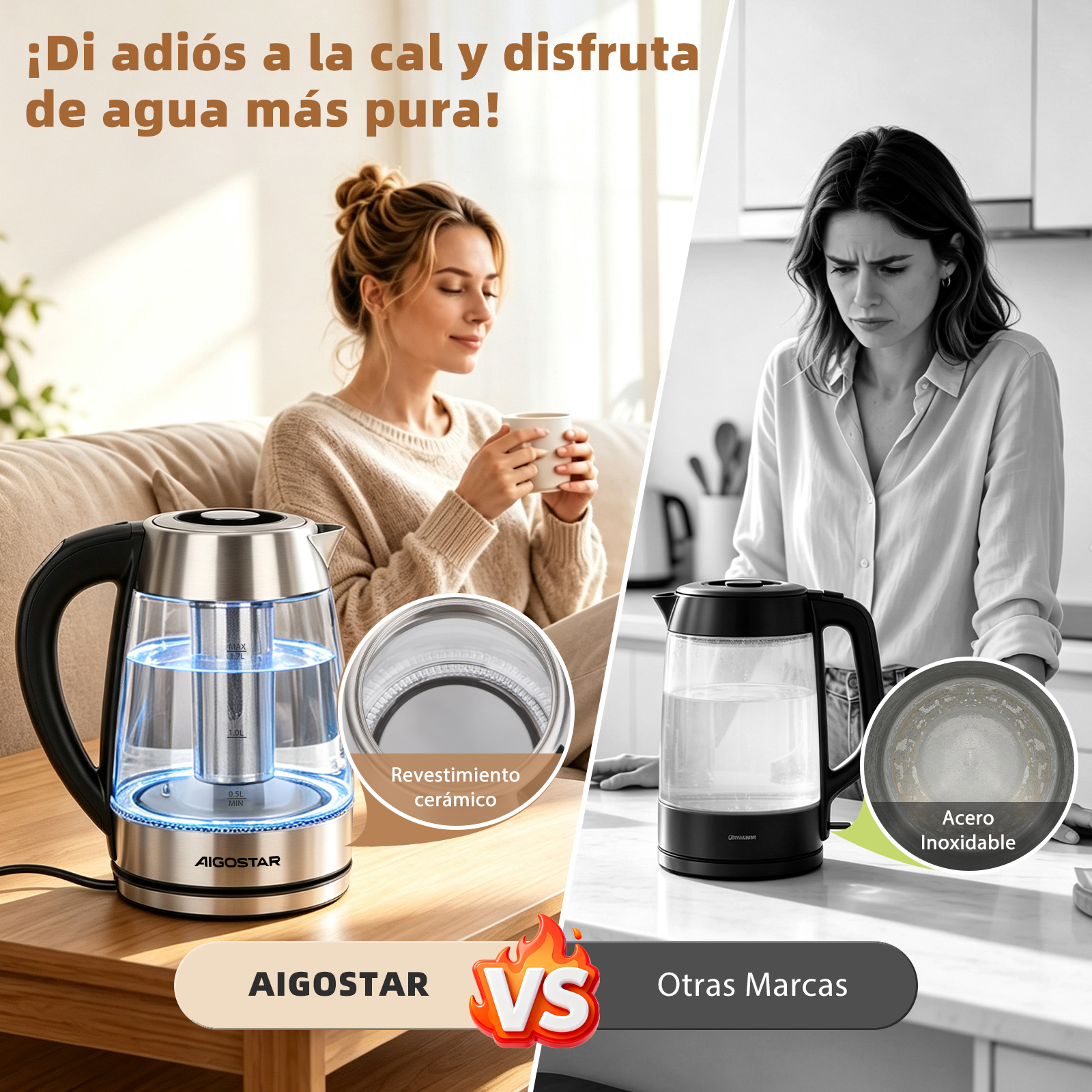 Comparación de dos hervidores: Aigostar con revestimiento cerámico frente a otra marca con cal.