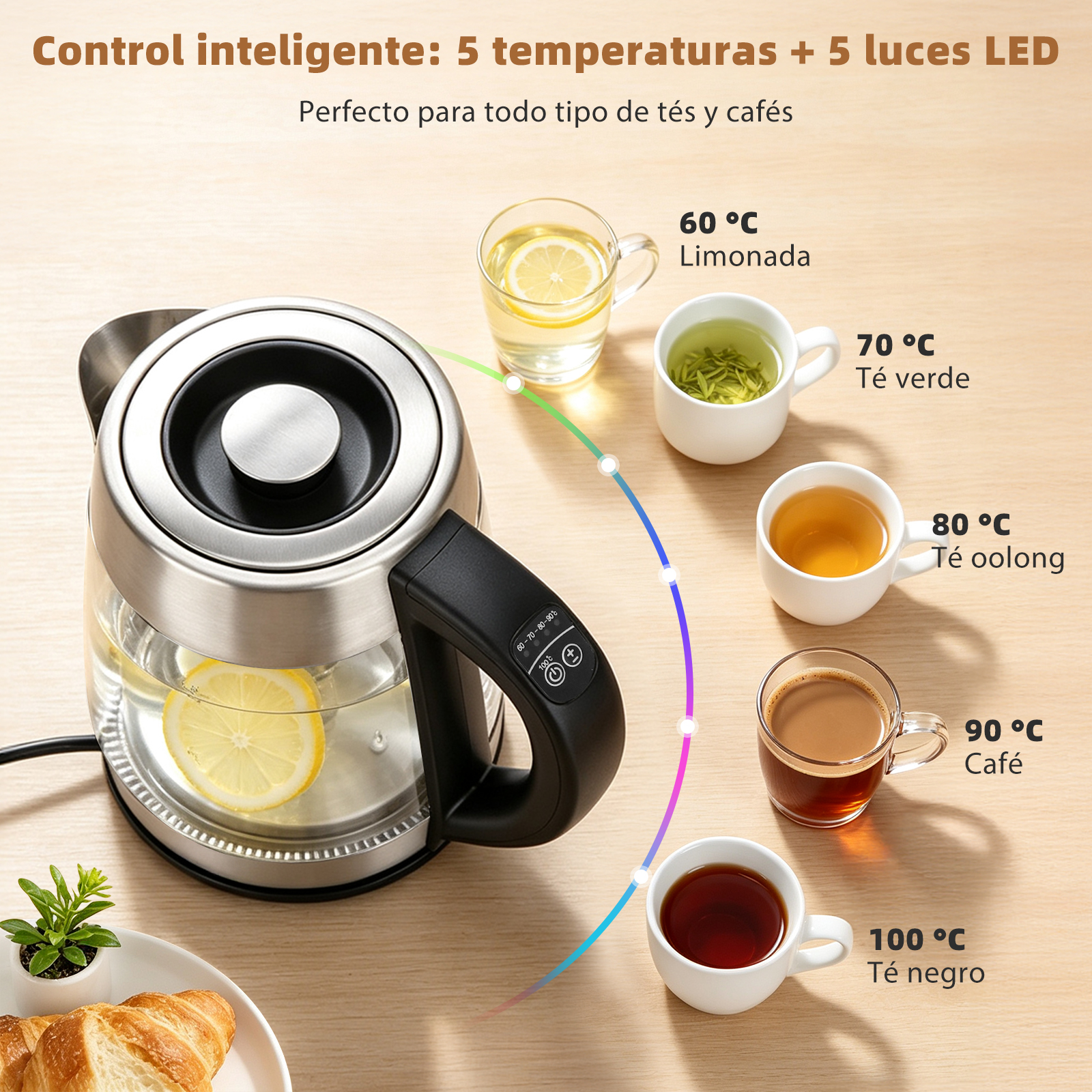 Hervidor de vidrio con 5 ajustes de temperatura y bebidas.